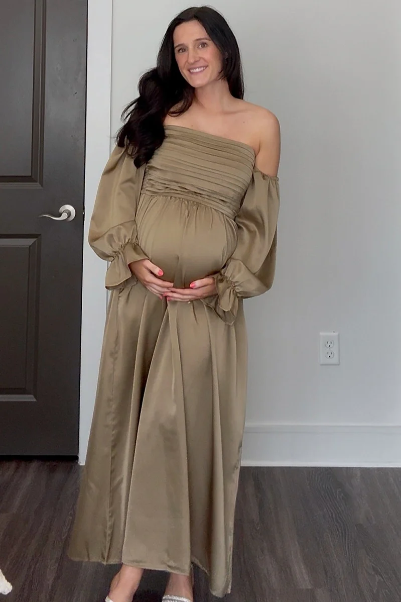 Olive Off Shoulder Satin Pleated Bodice Maternity Maxi Dress - Image 5