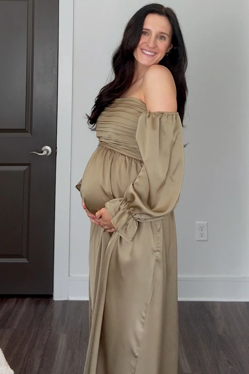 Olive Off Shoulder Satin Pleated Bodice Maternity Maxi Dress - Image 6