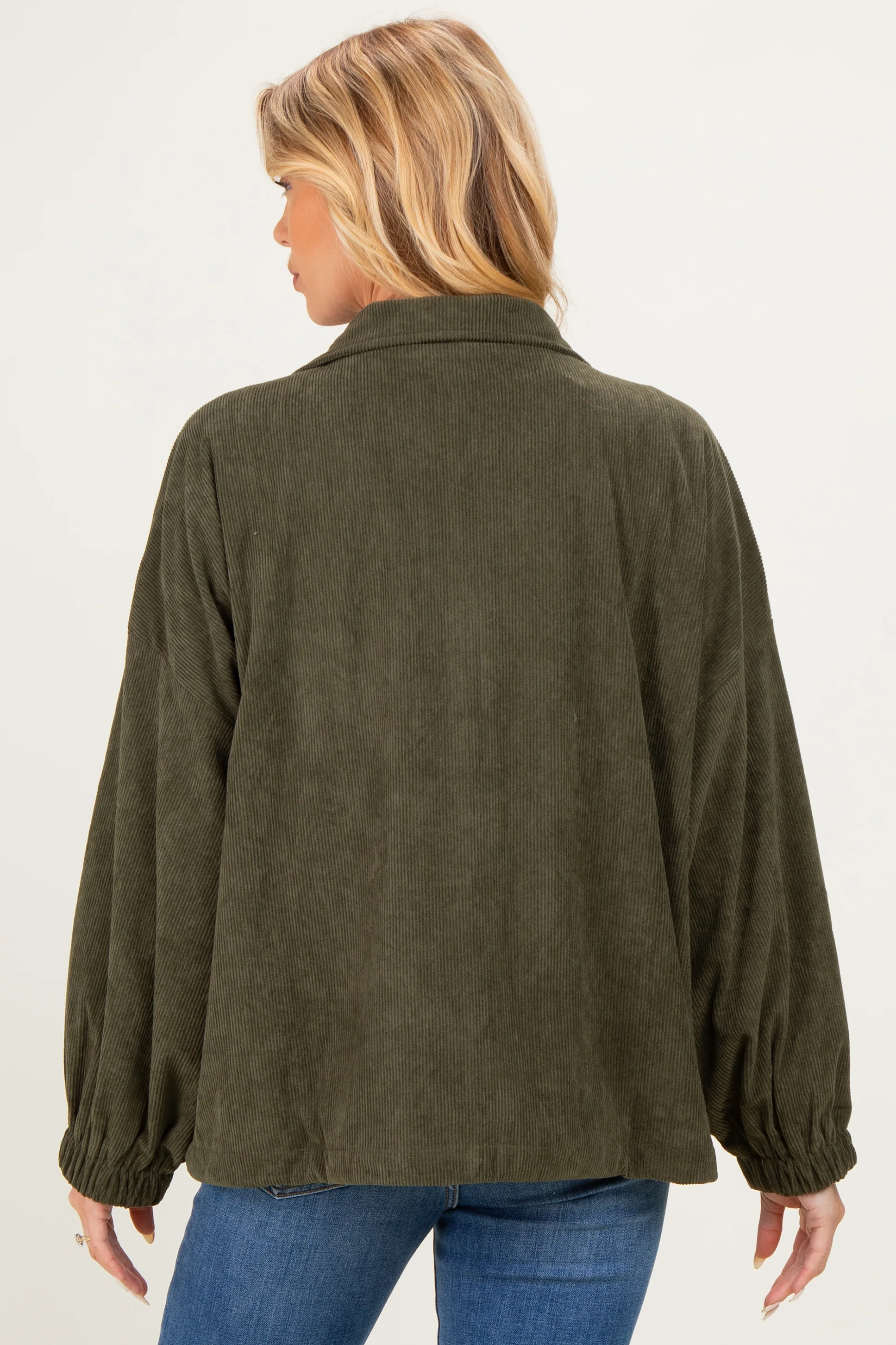 Olive Oversized Corduroy Maternity Zipper Jacket - Image 5