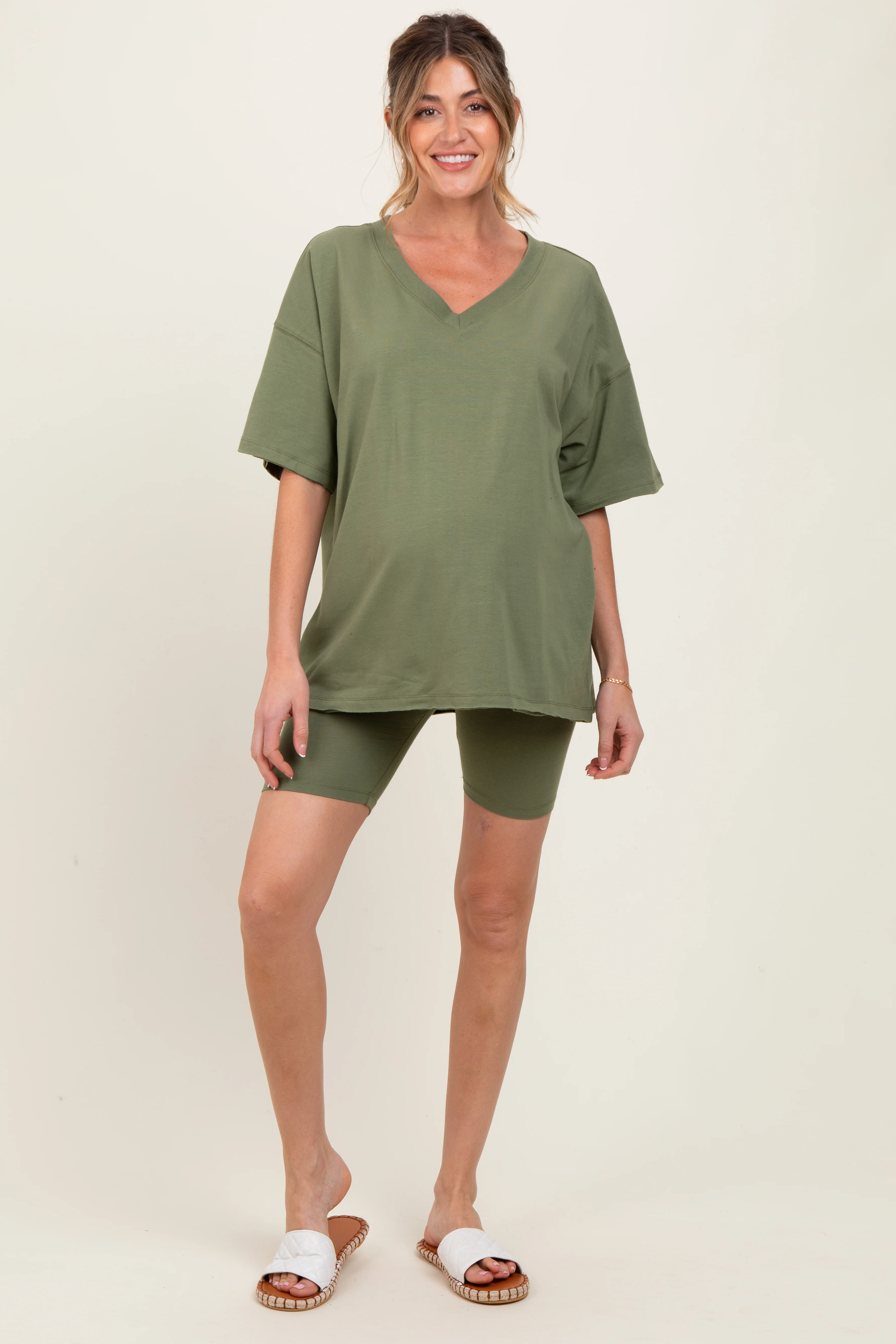 Olive Oversized V-Neck Biker Short Maternity Set