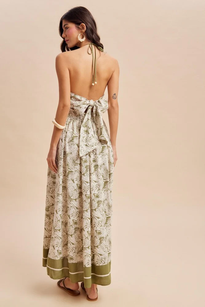 Olive Palm Printed Cutout Tie Back Maxi Dress - Image 4