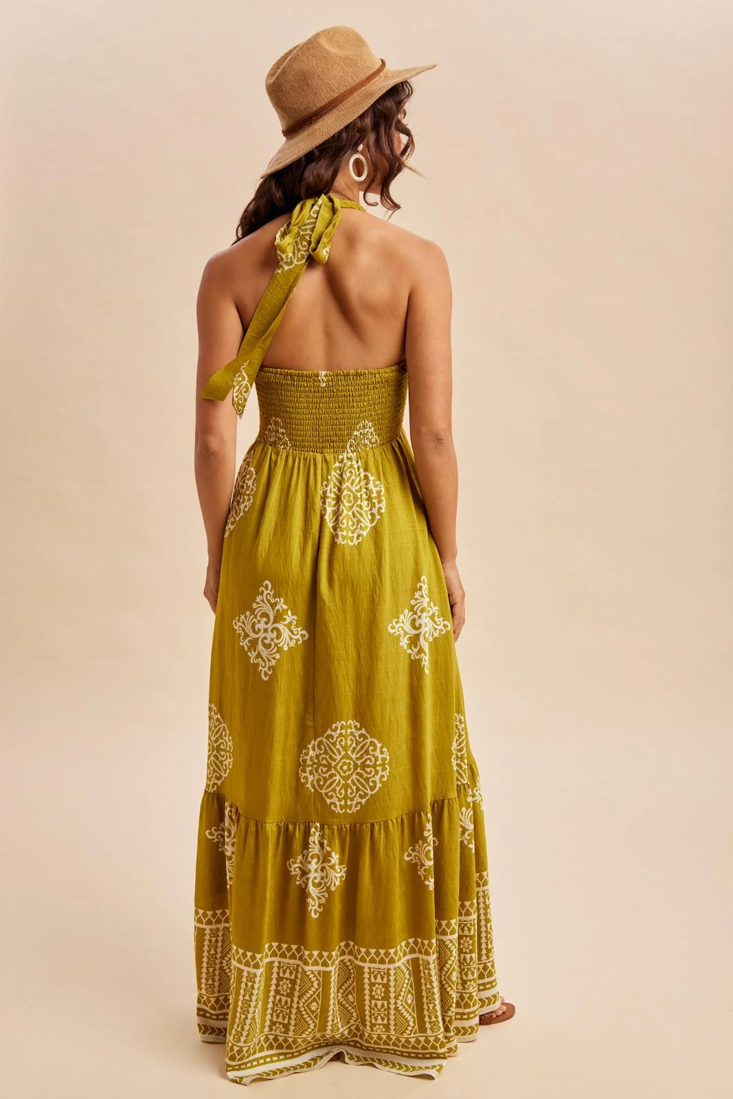 Olive Palm Printed Smocked Halter Maxi Dress - Image 4