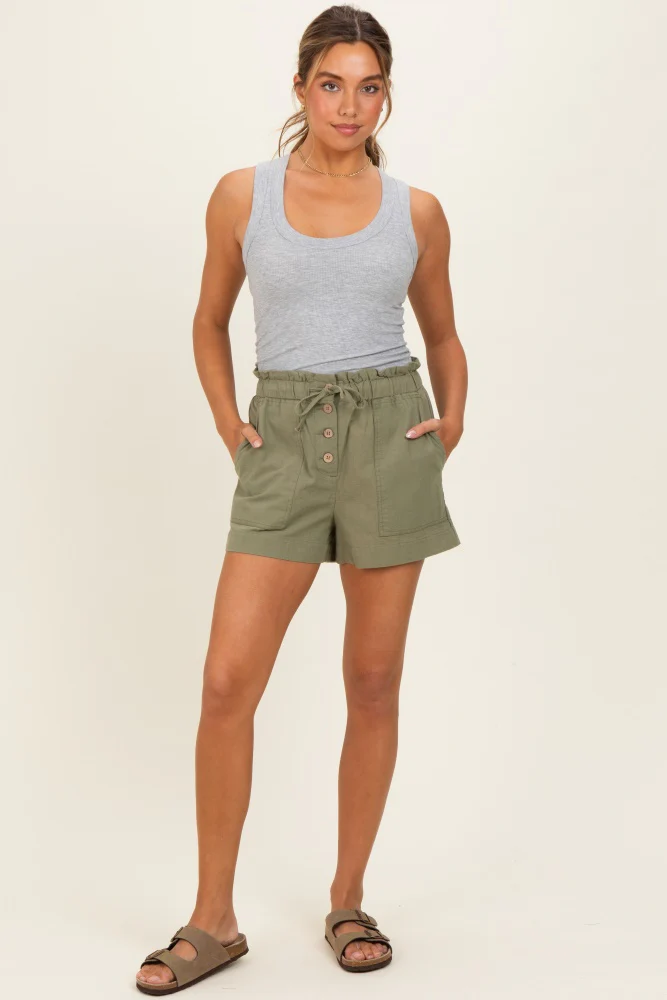 Olive Paper Bag Button Up Twill Shorts