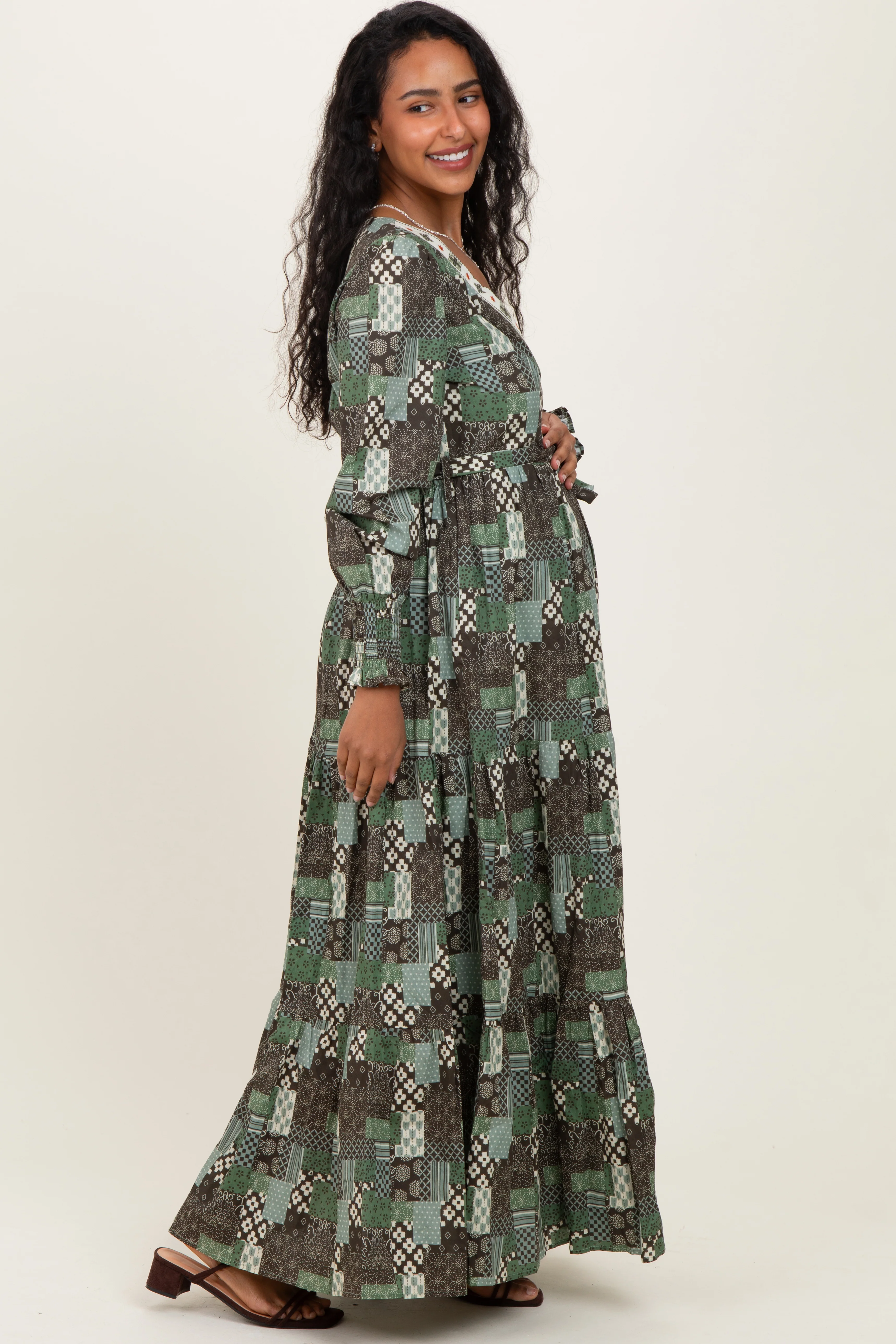 Olive Patchwork Print Tiered Long Sleeve Maternity Maxi Dress - Image 3