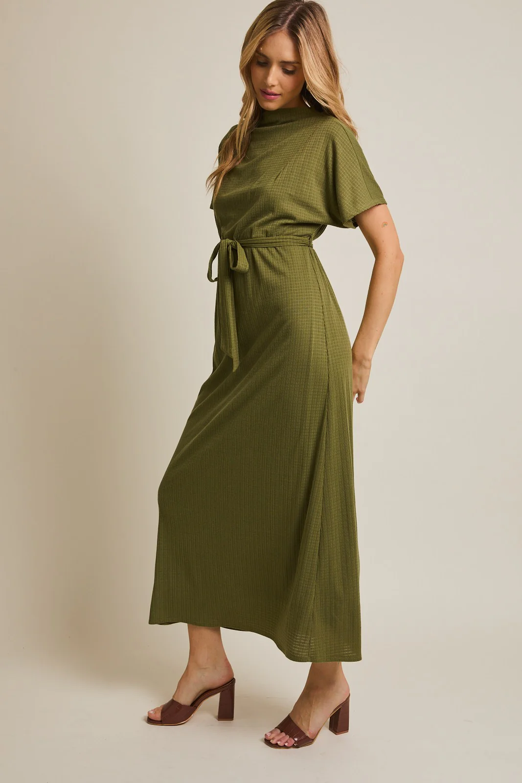 Olive Plaid Draped Neckline Sash Tie Maxi Dress - Image 3