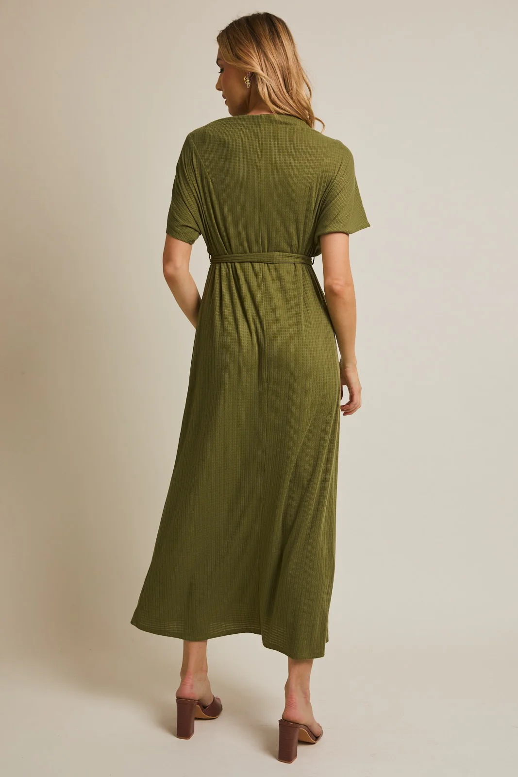 Olive Plaid Draped Neckline Sash Tie Maxi Dress - Image 4