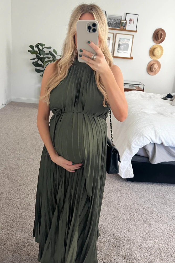 Olive Pleated Maternity Halter Dress - Image 6