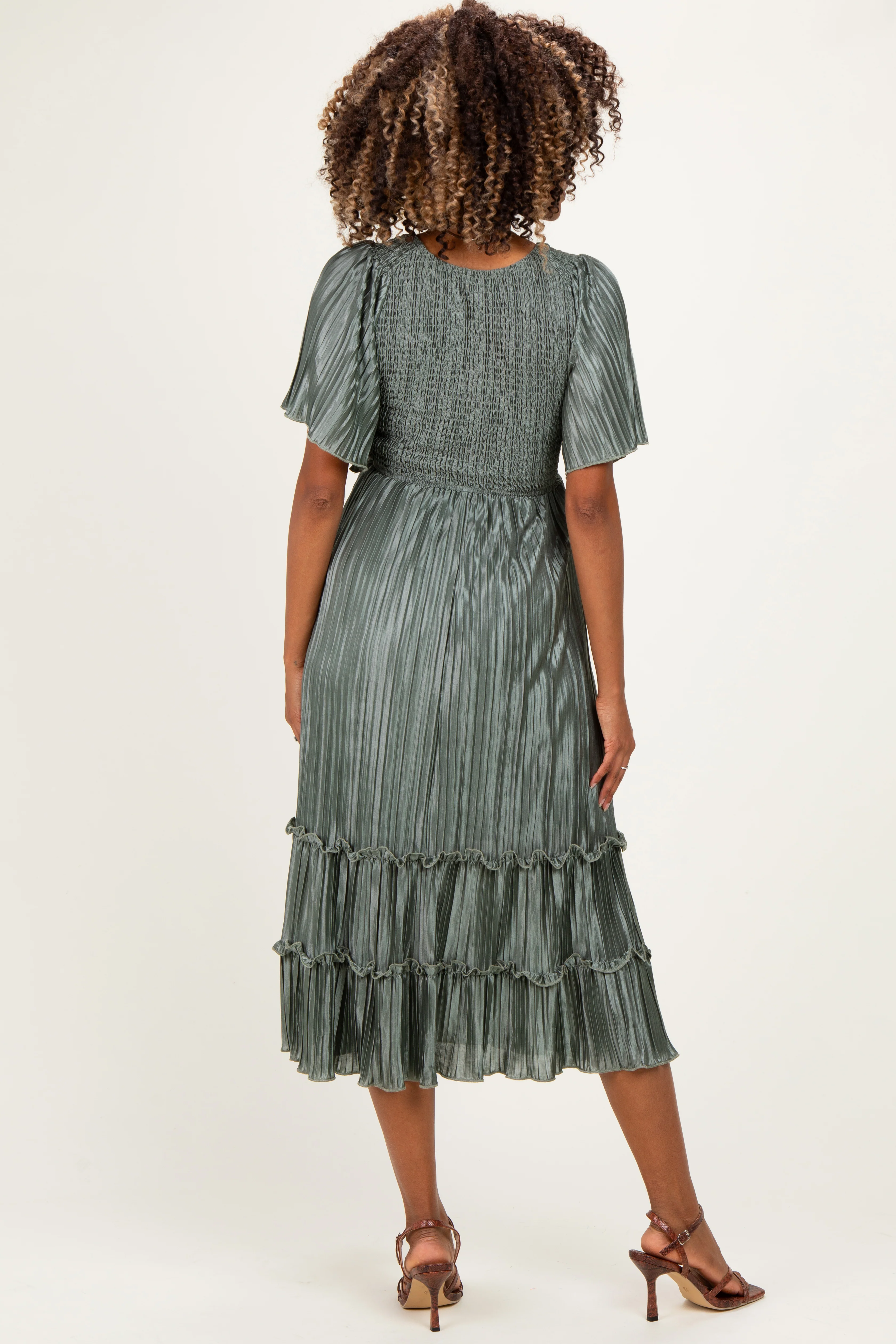 Olive Pleated Satin Smocked Maternity Midi Dress - Image 3