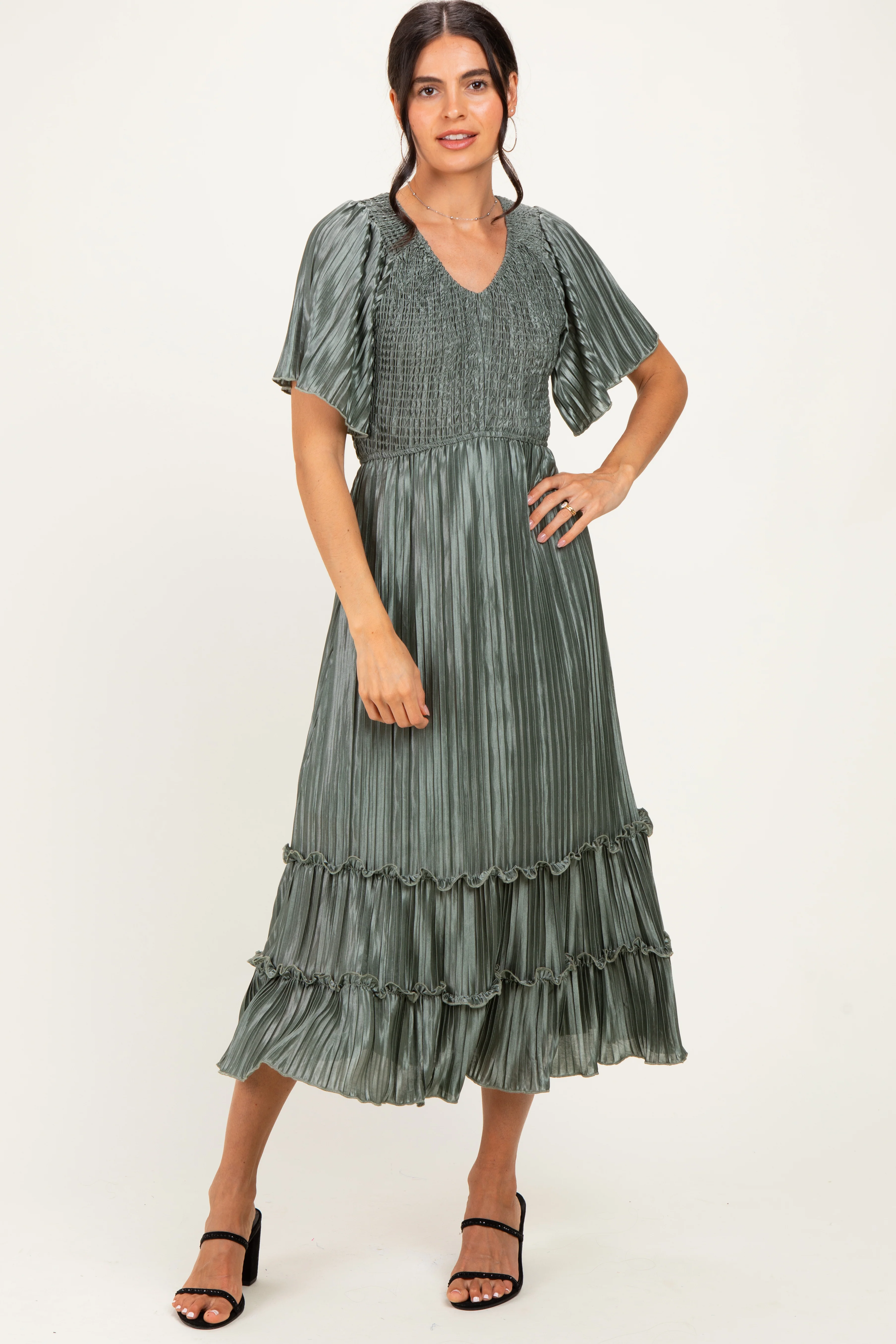 Olive Pleated Satin Smocked Maternity Midi Dress - Image 4