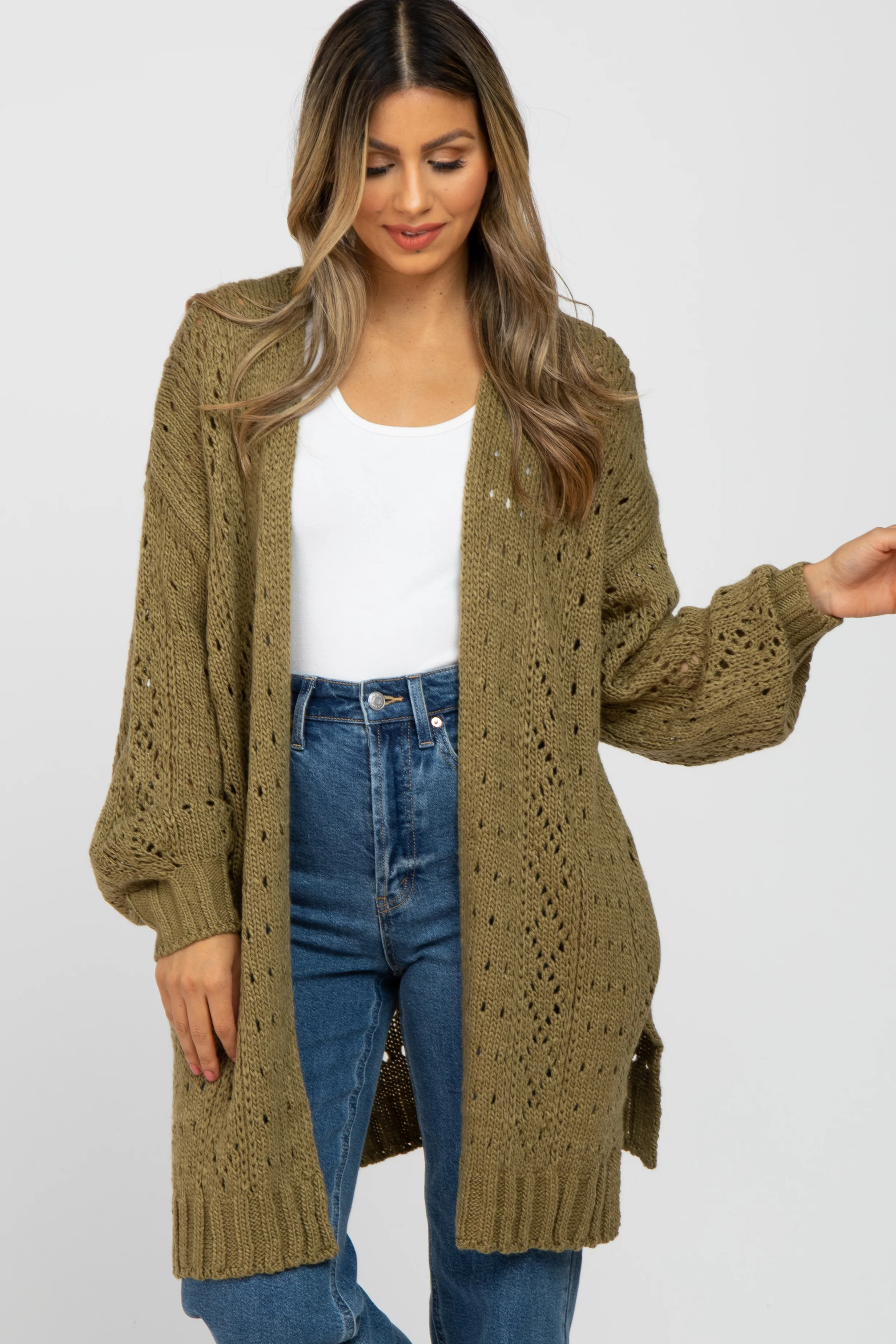 Olive Pointelle Knit Maternity Cardigan - Image 6