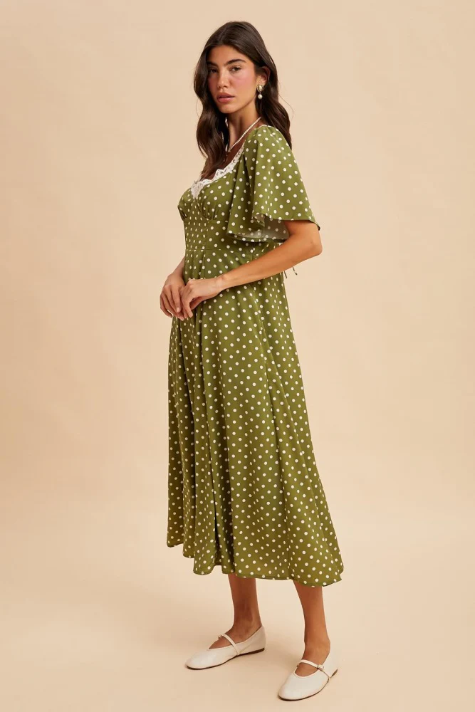 Olive Polka Dot Lace Trim Maxi Dress - Image 3