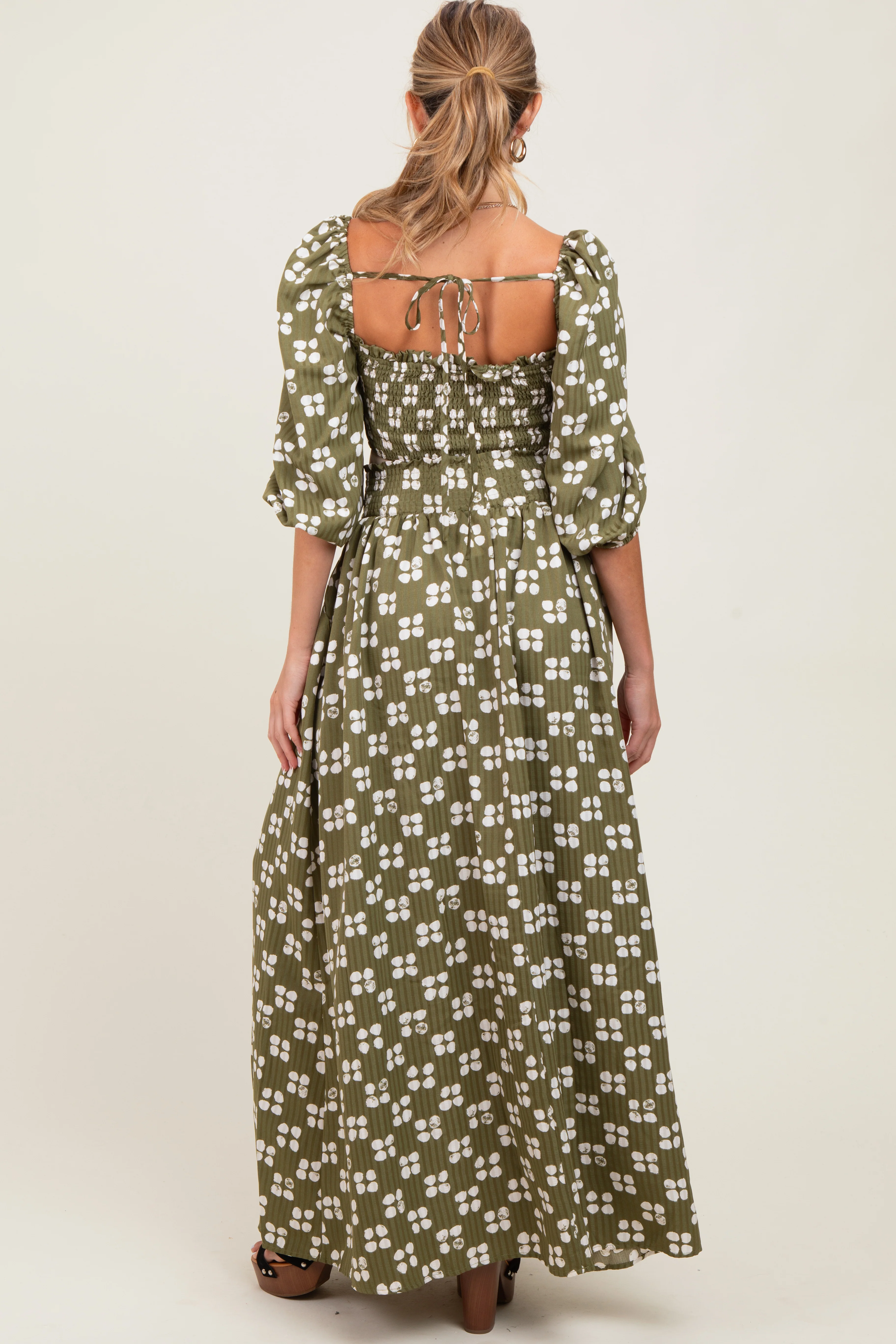 Olive Printed Smocked Crop Top Maxi Skirt Maternity Set - Image 2