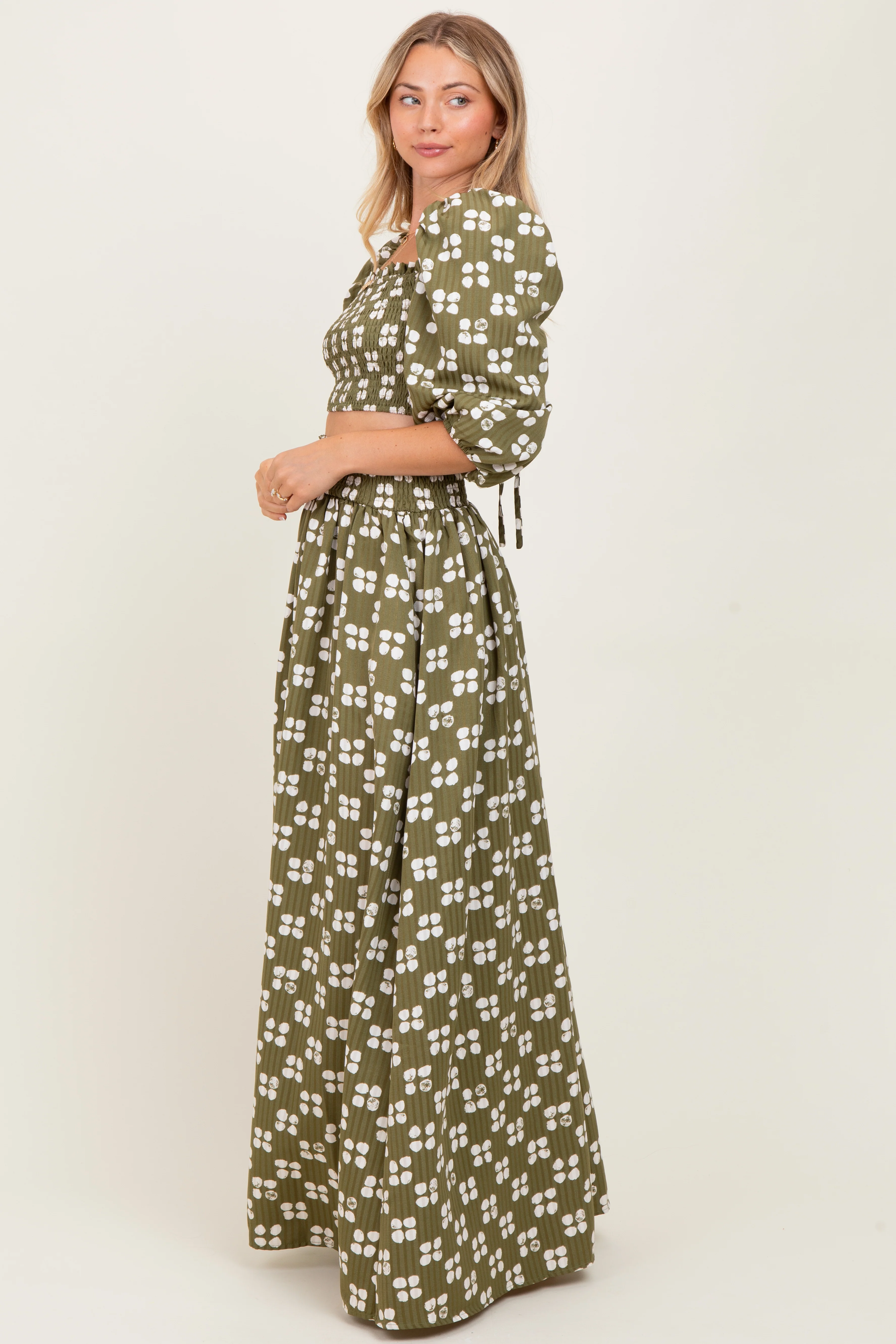 Olive Printed Smocked Crop Top Maxi Skirt Set - Image 3