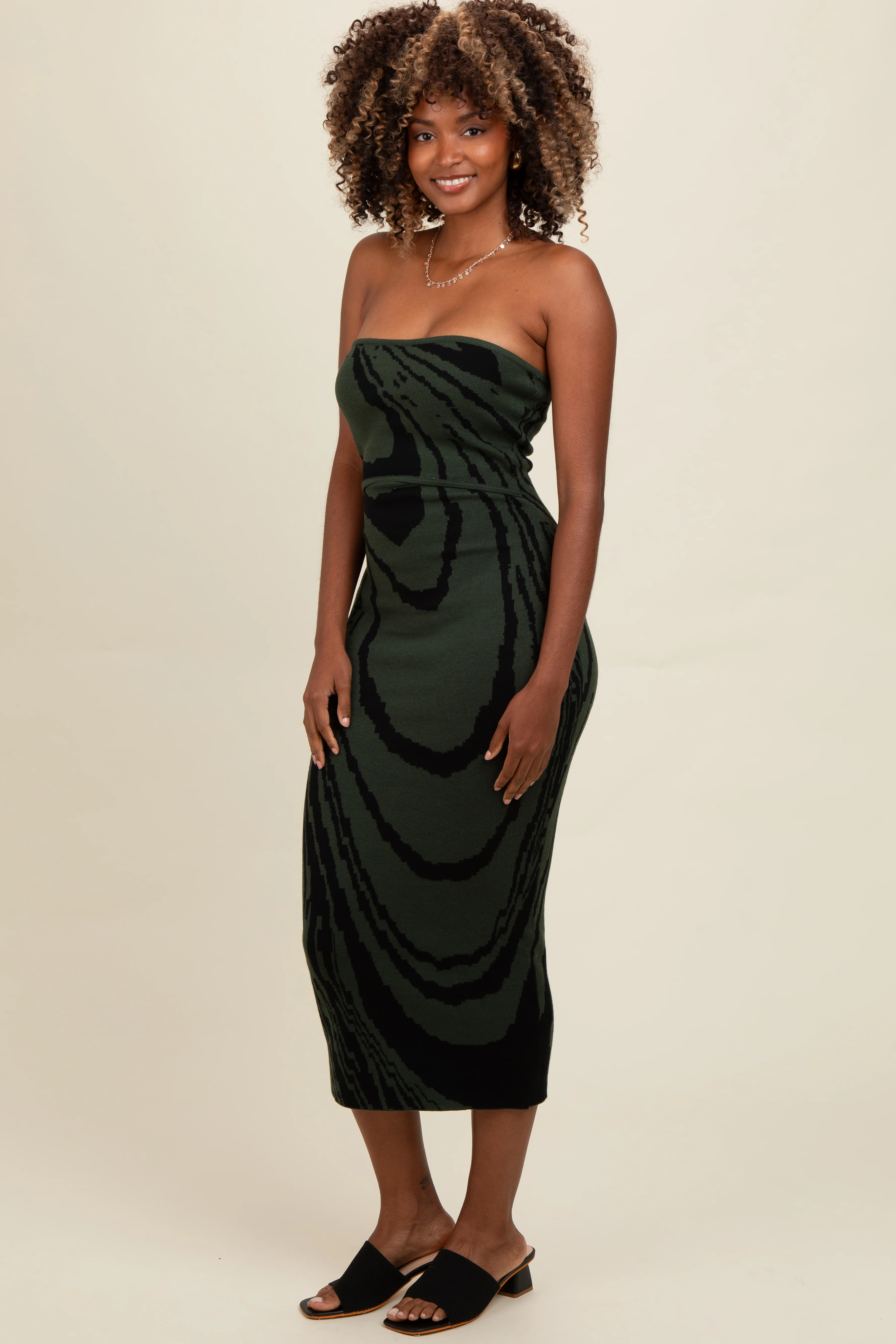 Olive Printed Strapless Cutout Fitted Maxi Dress - Image 3