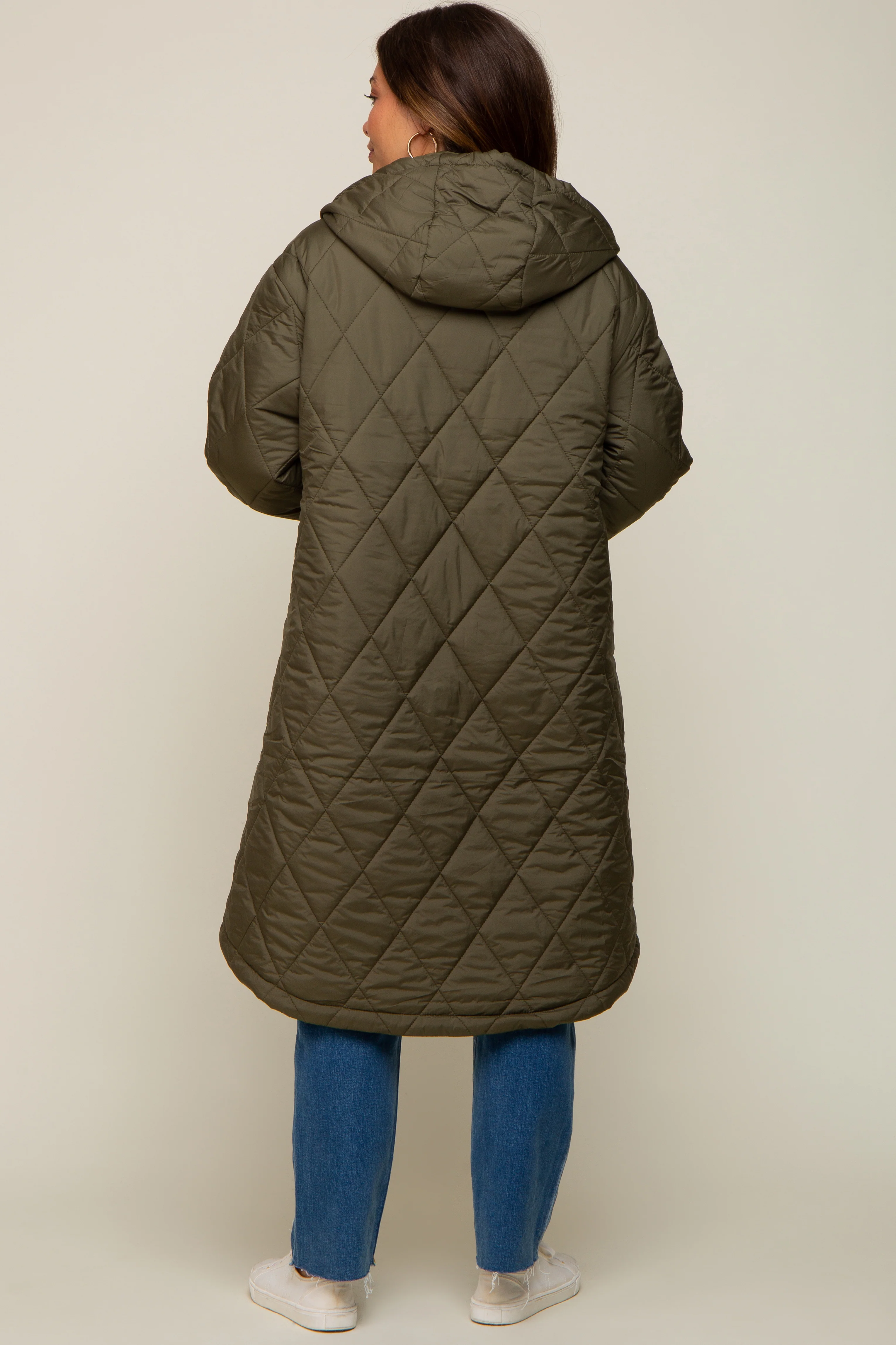 Olive Quilted Long Maternity Puffer Jacket - Image 3