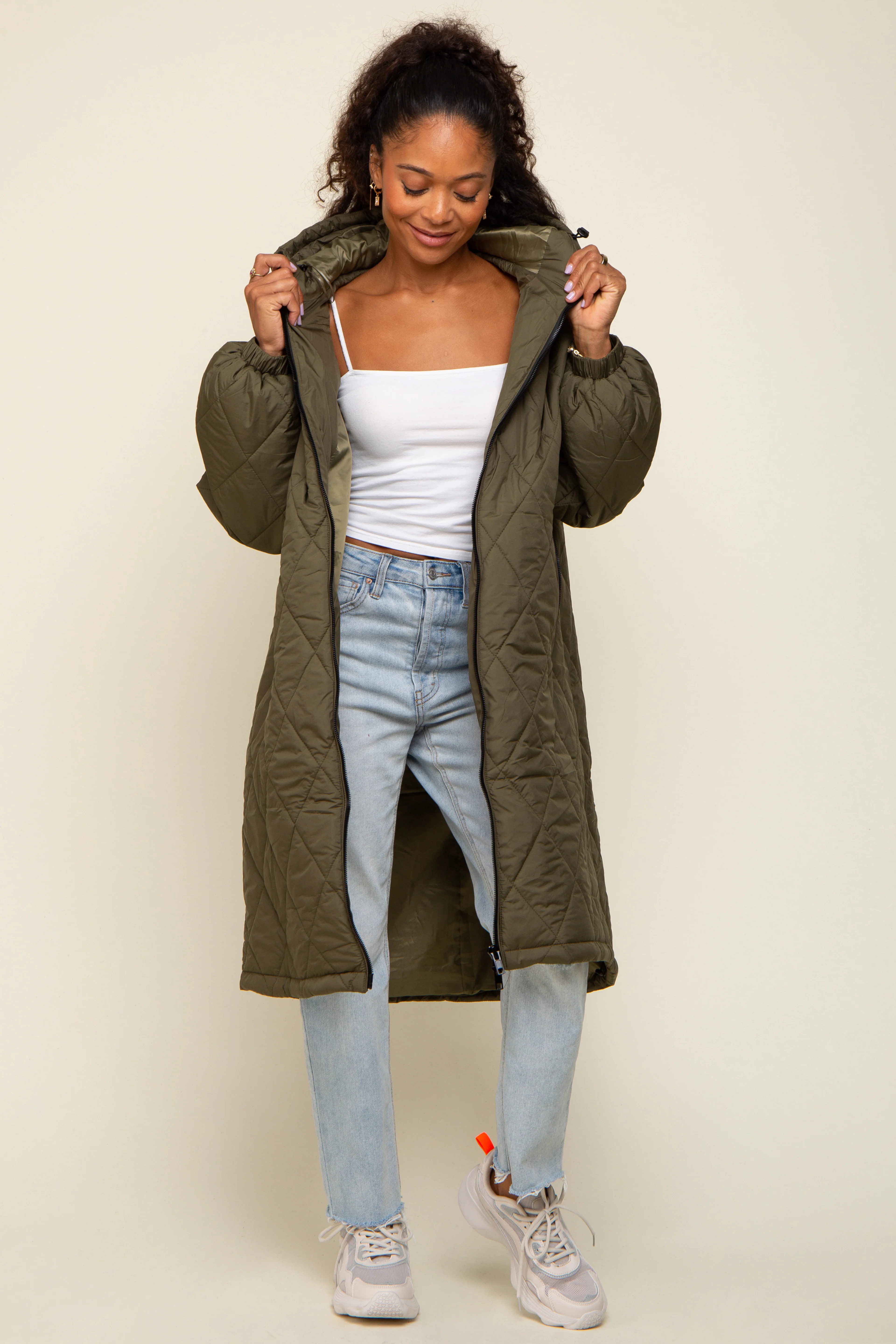 Olive Quilted Long Maternity Puffer Jacket - Image 5