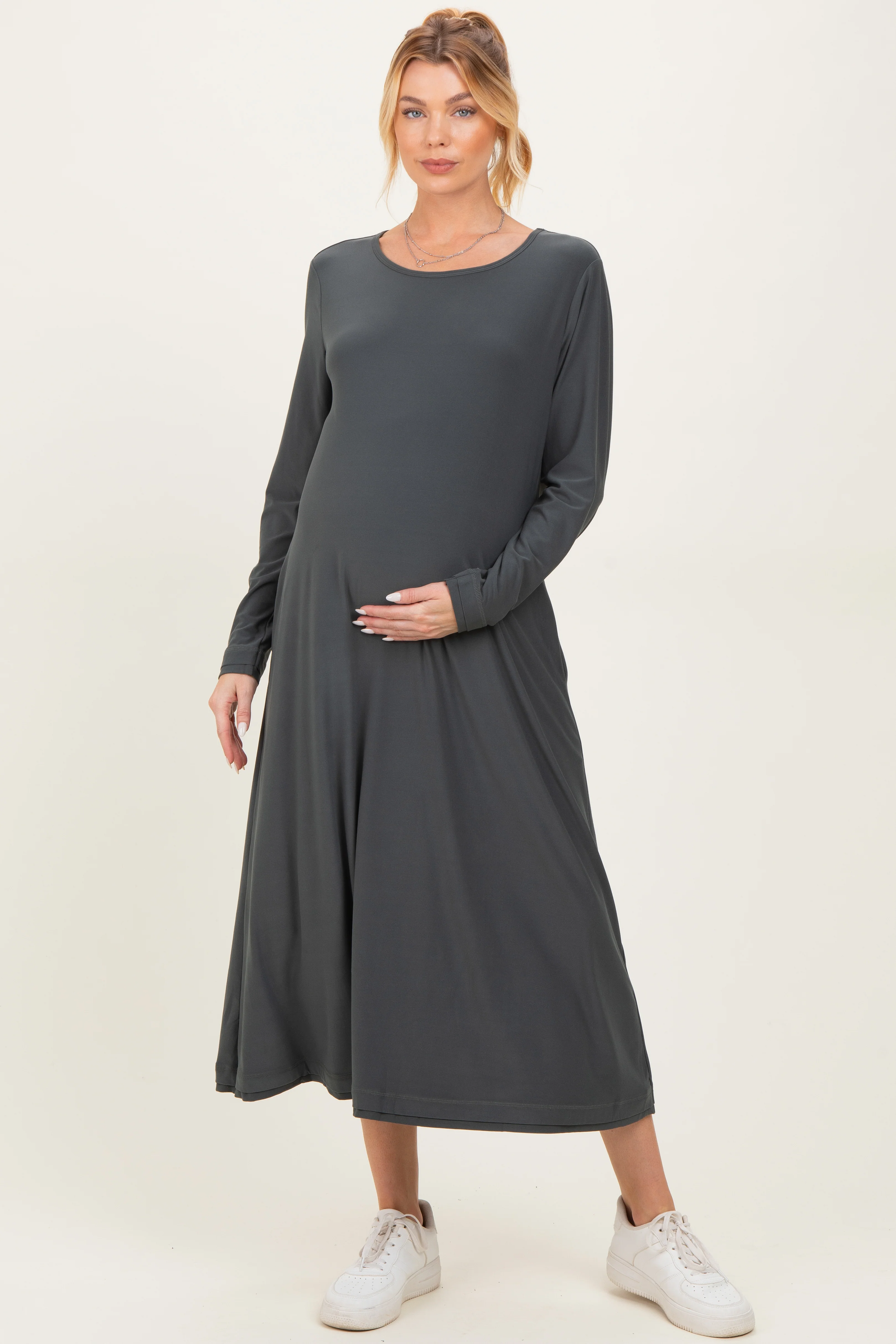 Olive Relaxed Fit Long Sleeve Basic Maternity Dress - Image 3