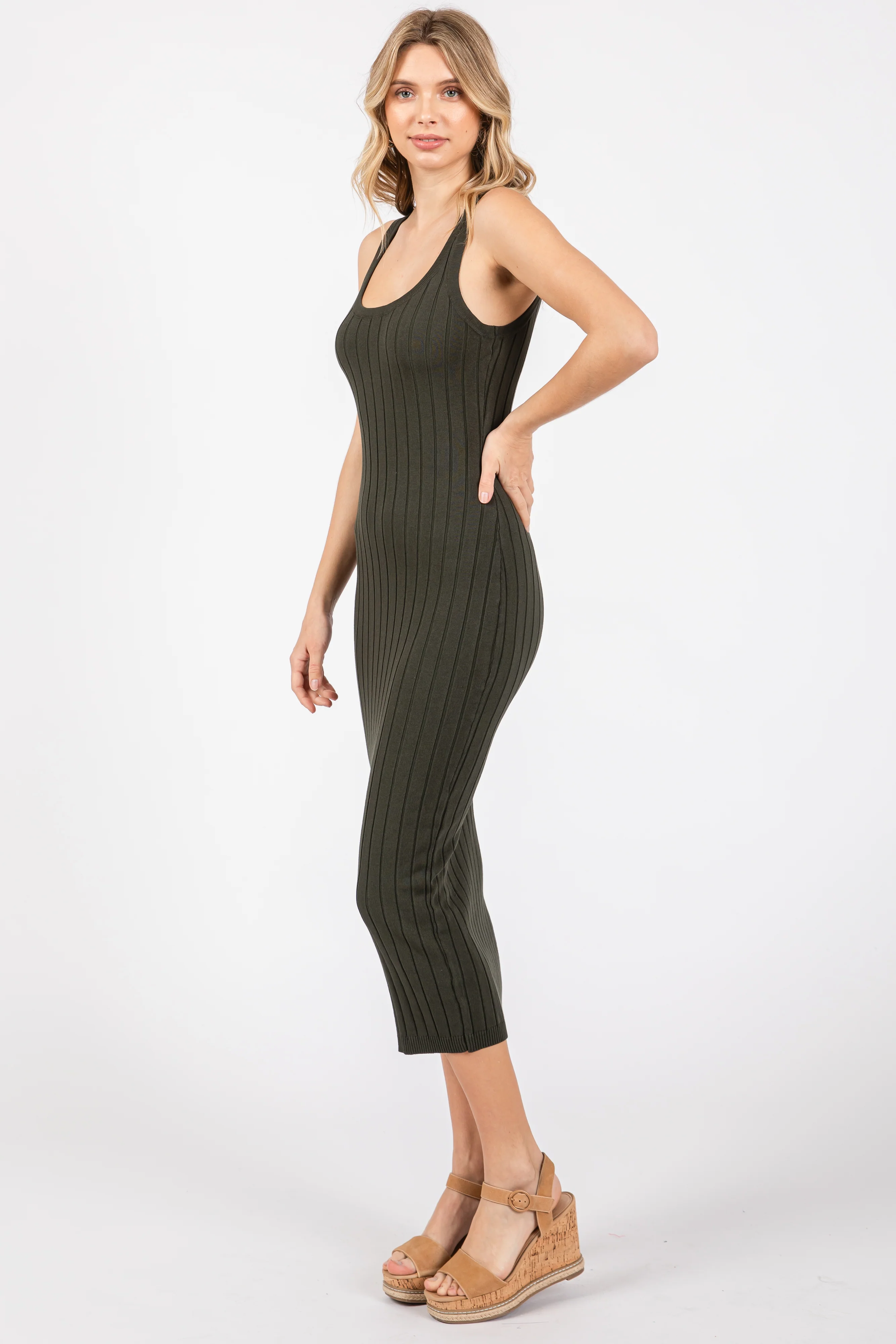 Olive Rib Knit Sleeveless Midi Dress - Image 6
