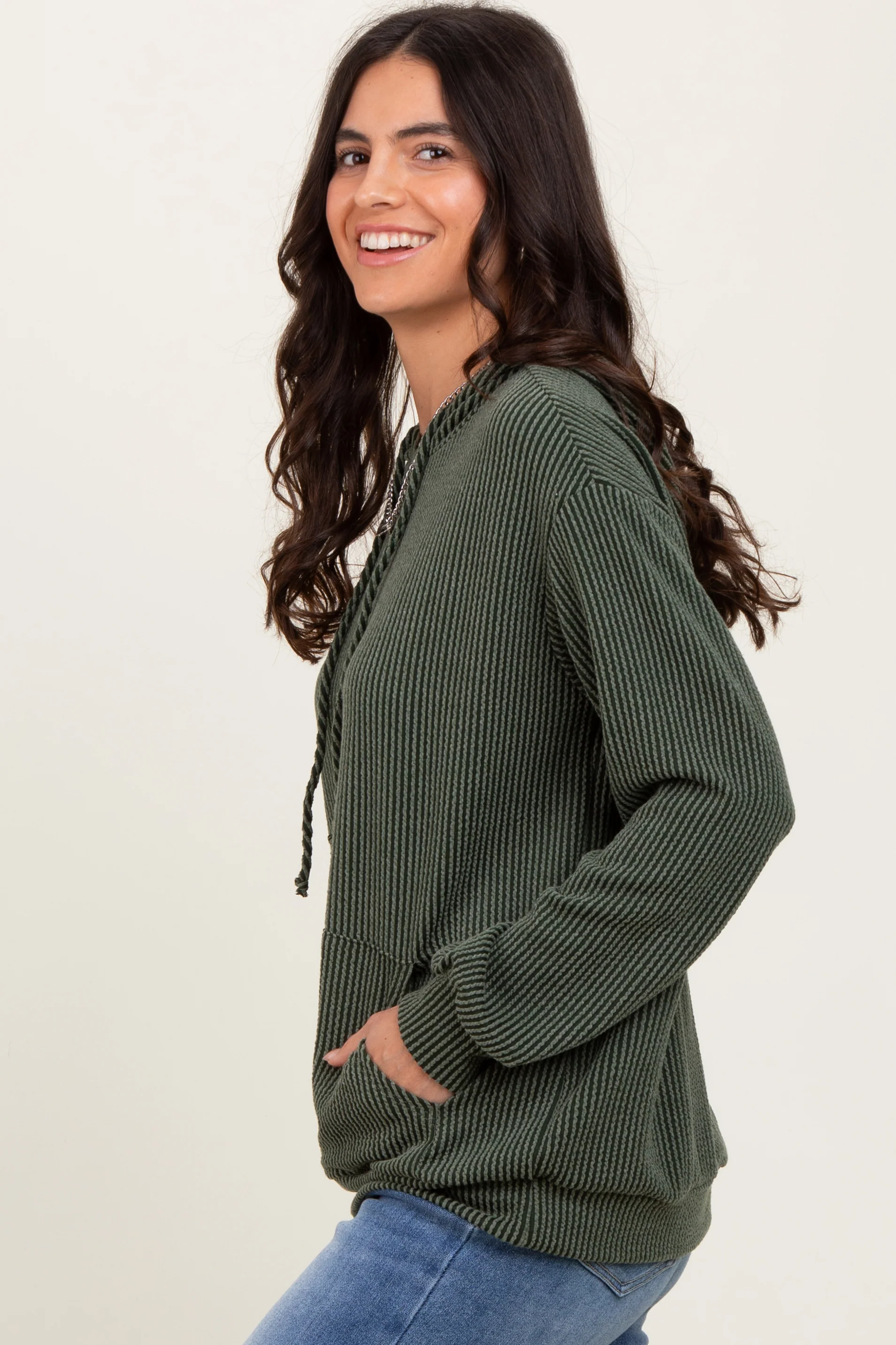 Olive Ribbed Basic Drawstring Hoodie - Image 3