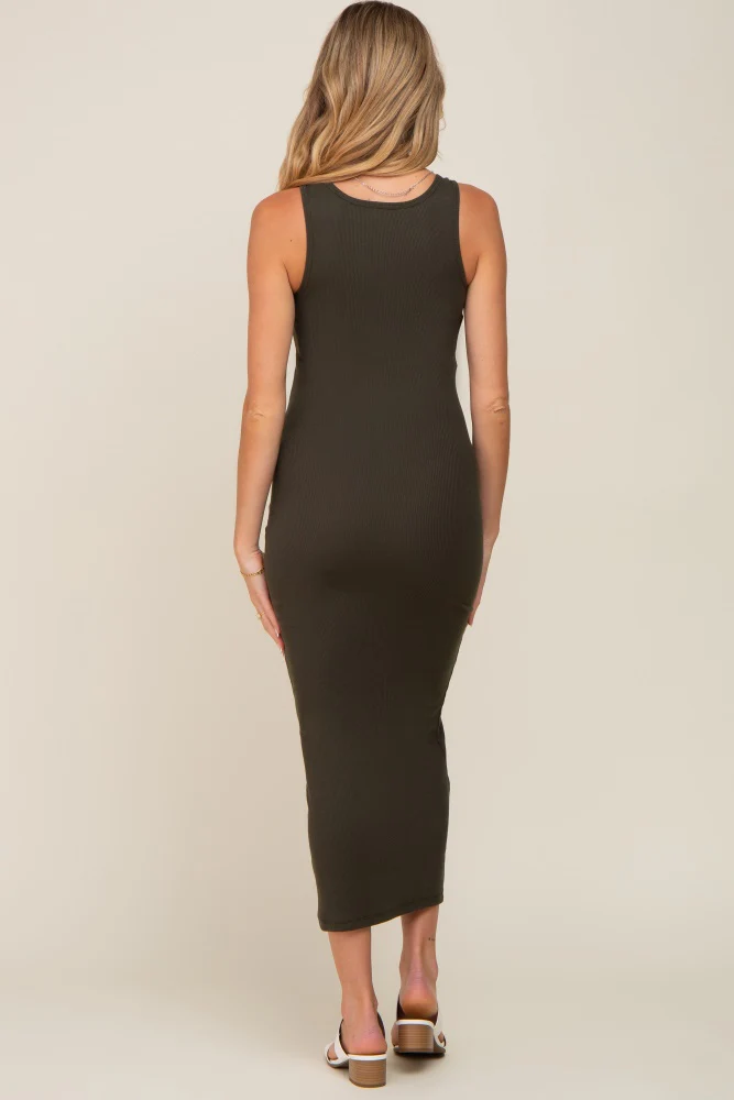 Olive Ribbed Basic Maternity Maxi Dress - Image 3