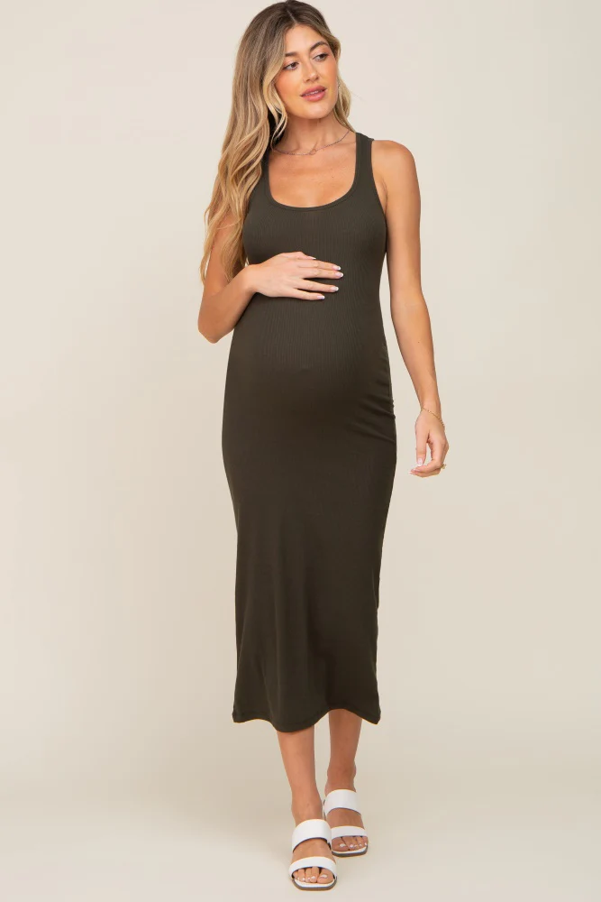 Olive Ribbed Basic Maternity Maxi Dress - Image 4