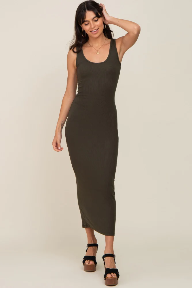Olive Ribbed Basic Maternity Maxi Dress - Image 6