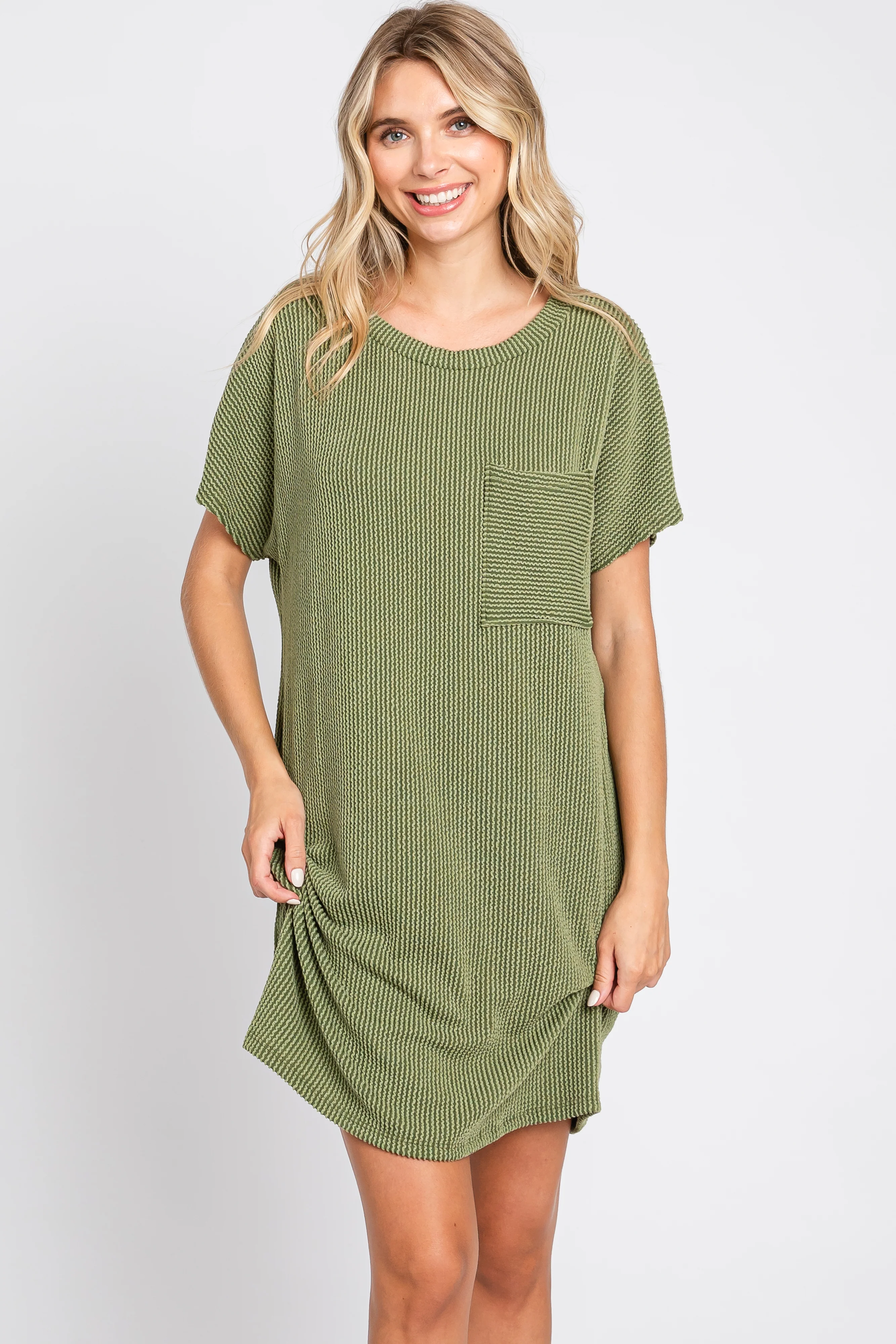 Olive Ribbed Front Pocket Dolman Short Sleeve Maternity Dress - Image 6
