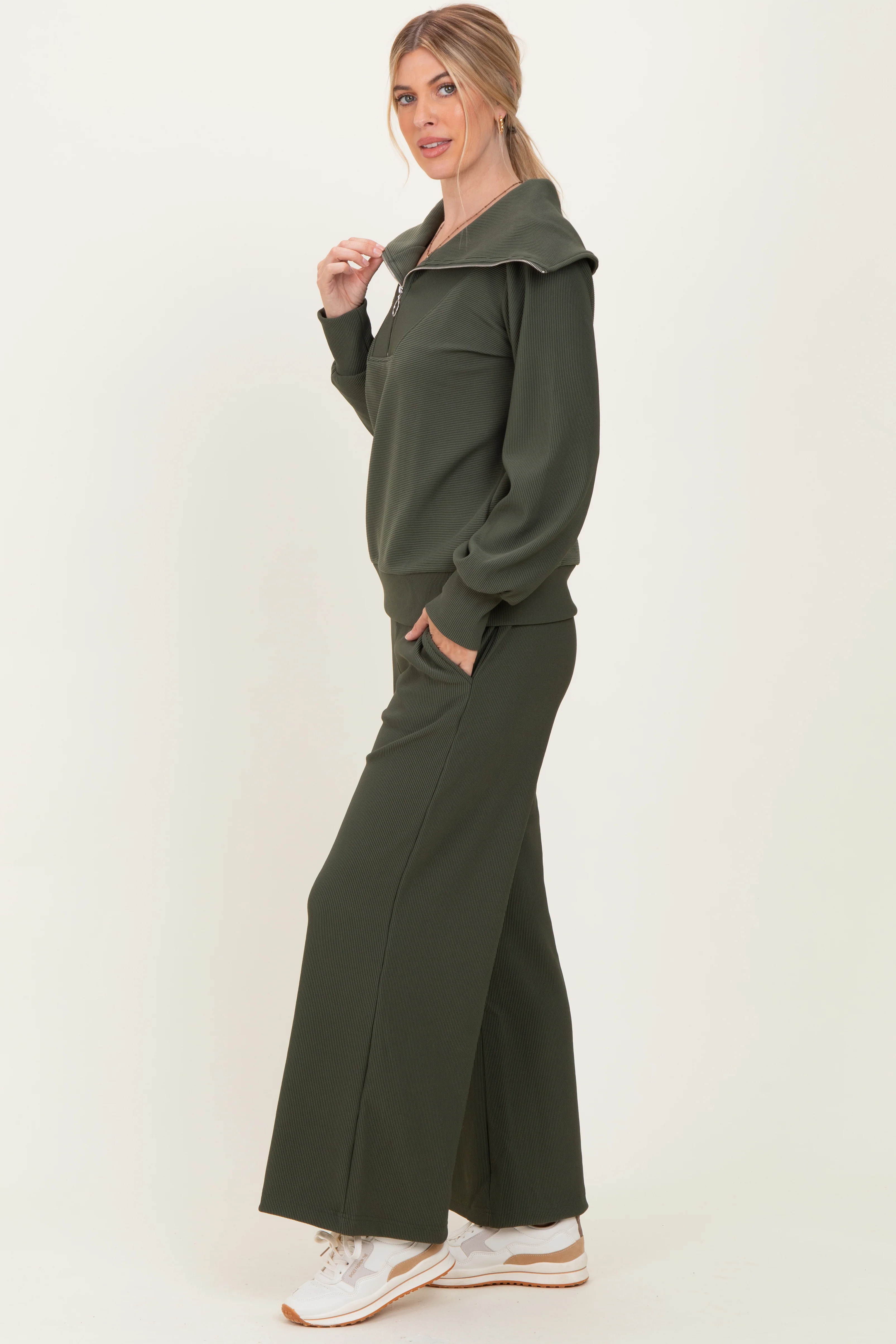 Olive Ribbed Half Zip Pullover Wide Leg Pant Set - Image 3