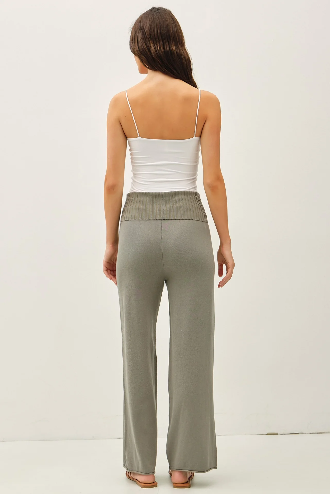 Olive Ribbed Knit Foldover Waist Pants - Image 4