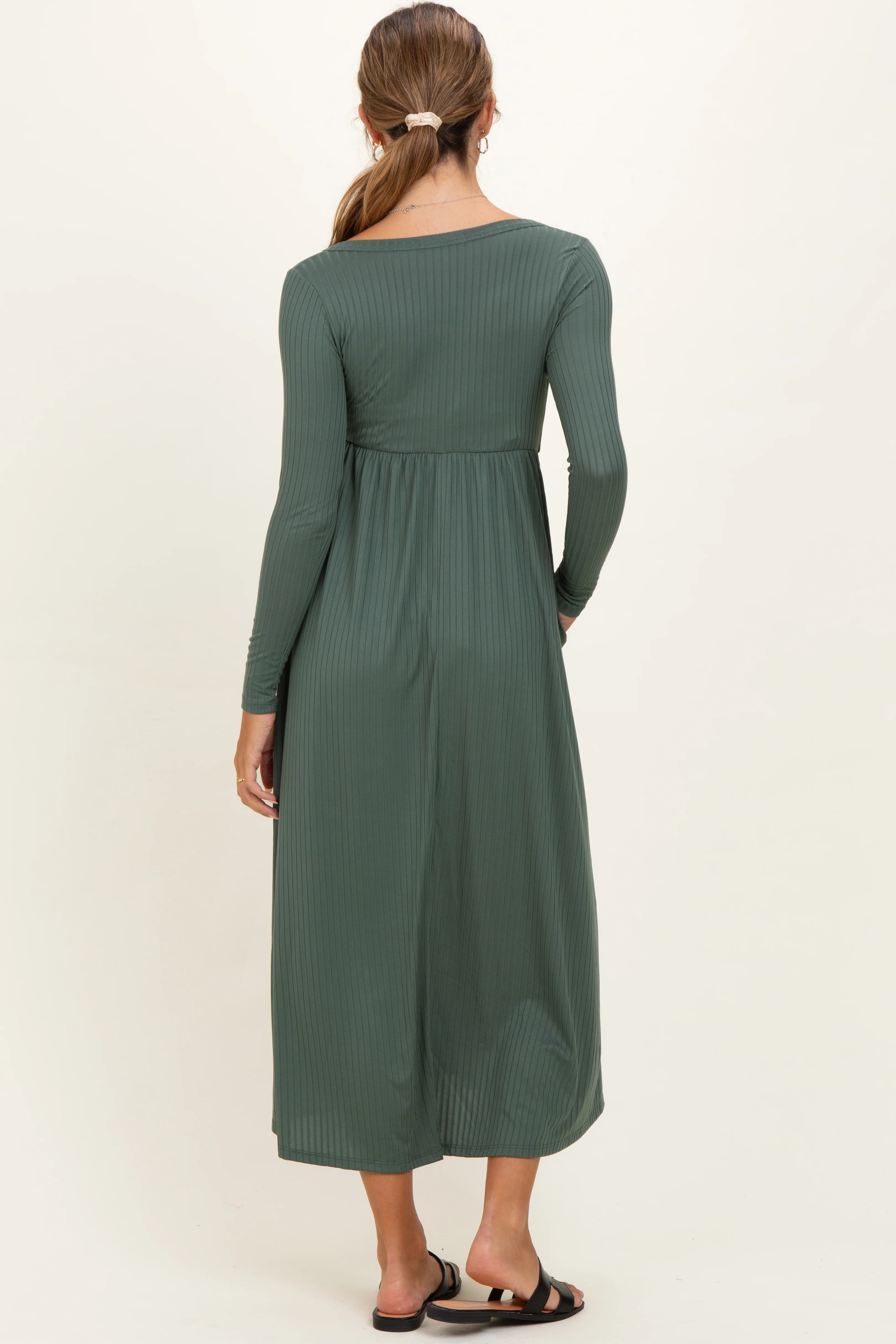 Olive Ribbed Knit Long Sleeve Maternity Maxi Dress - Image 3
