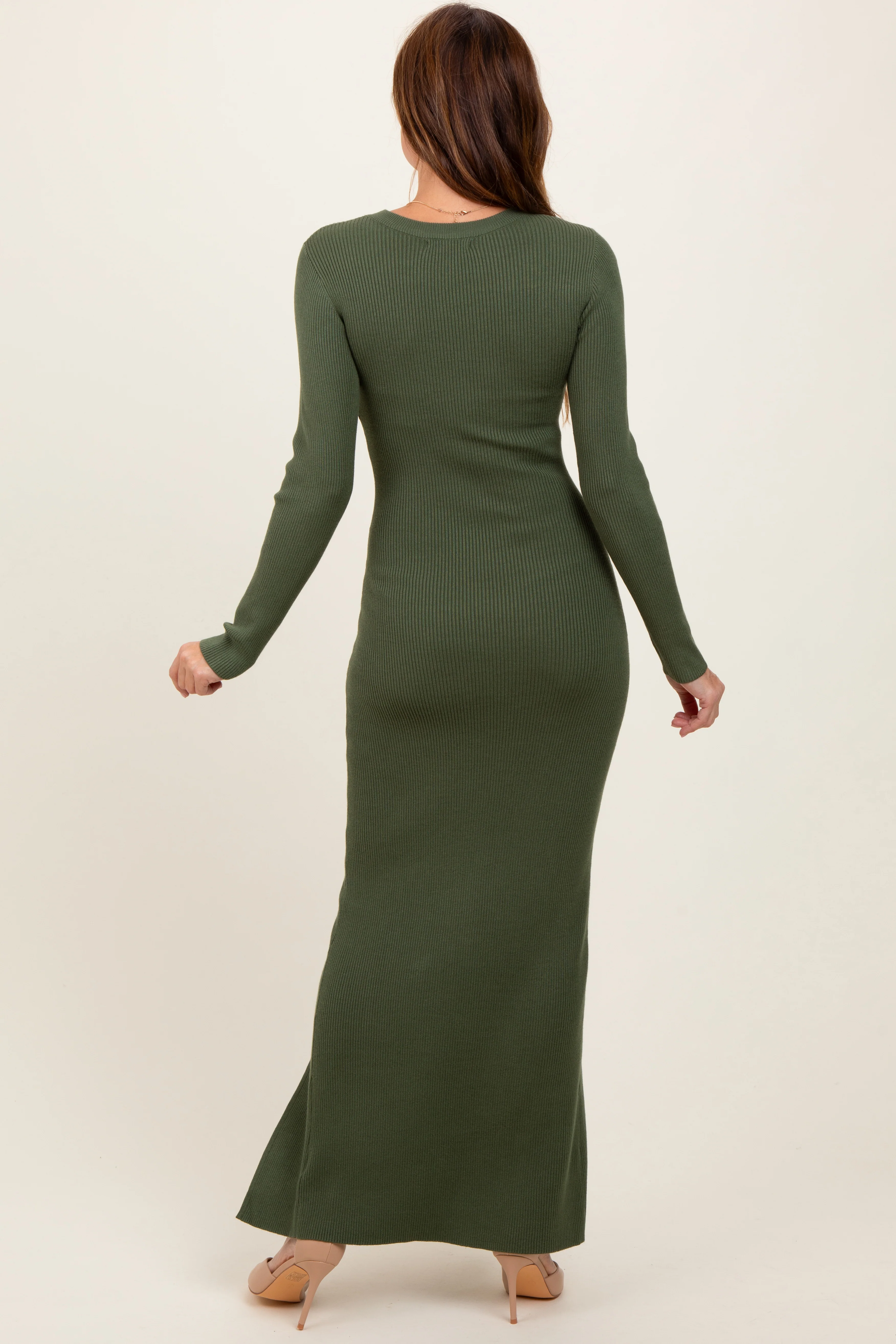 Olive Ribbed Knit Long Sleeve Side Slit Maxi Dress - Image 4