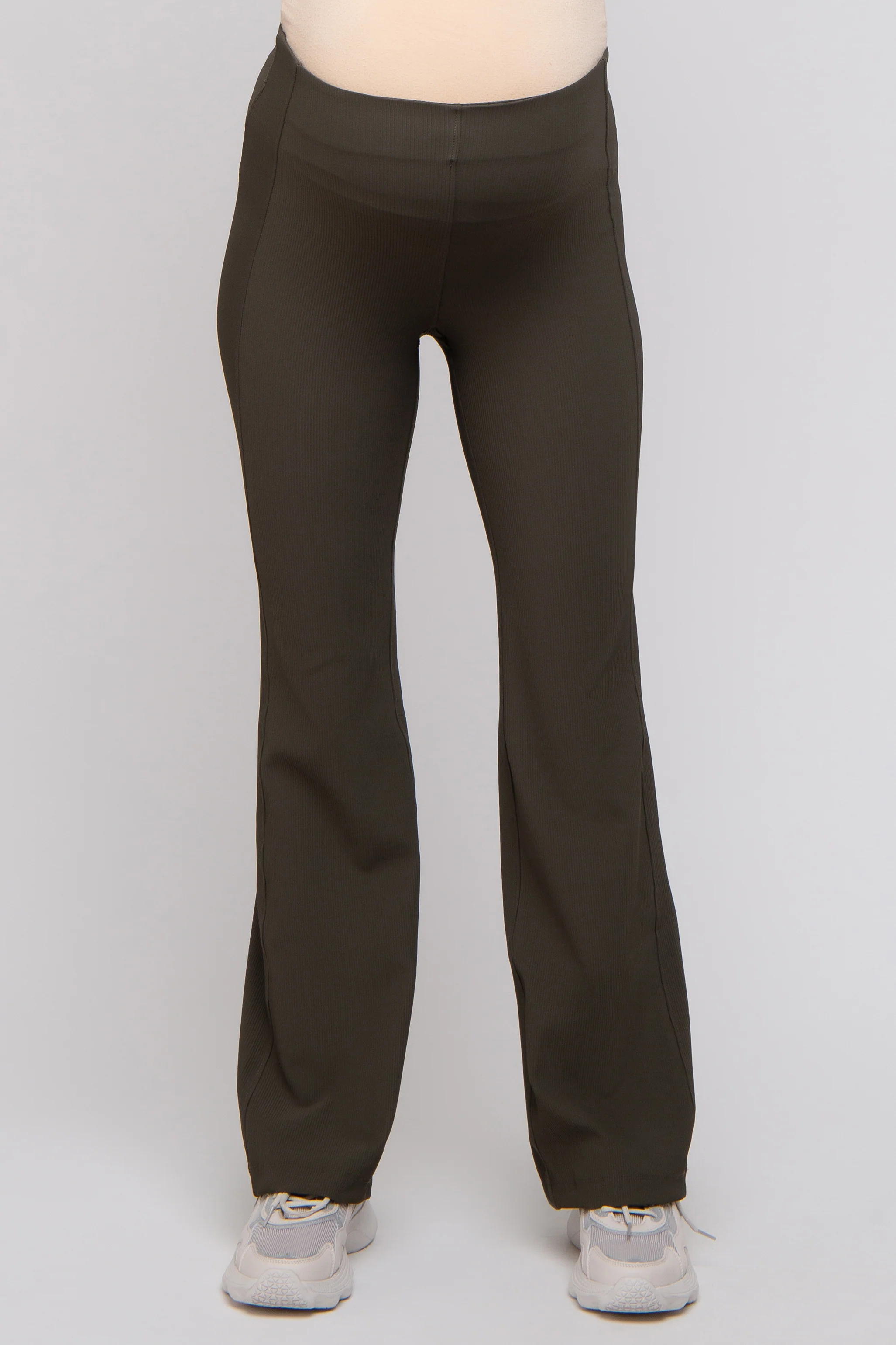 Olive Ribbed Maternity Flared Leggings - Image 3