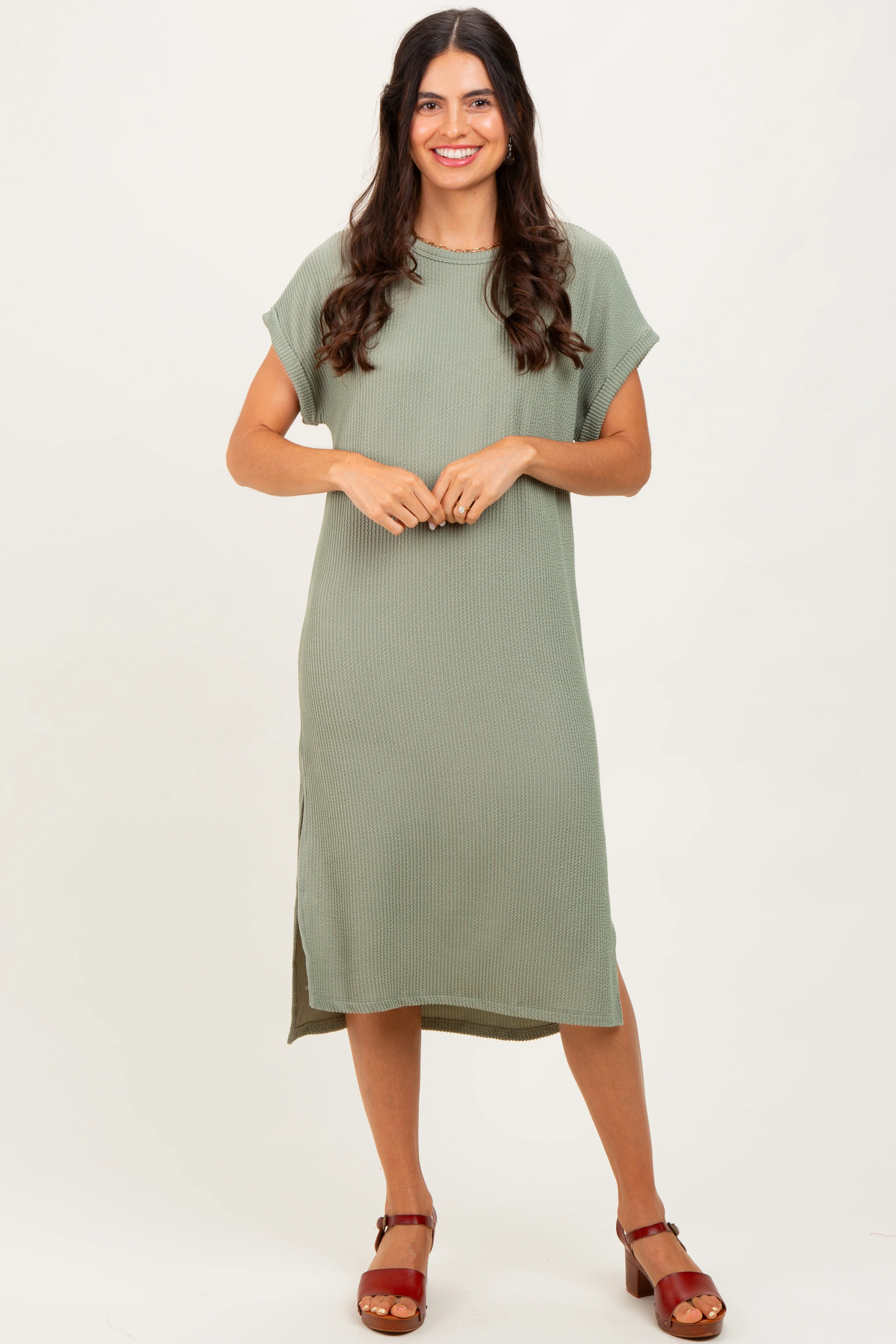 Olive Ribbed Short Sleeve Midi Dress - Image 2