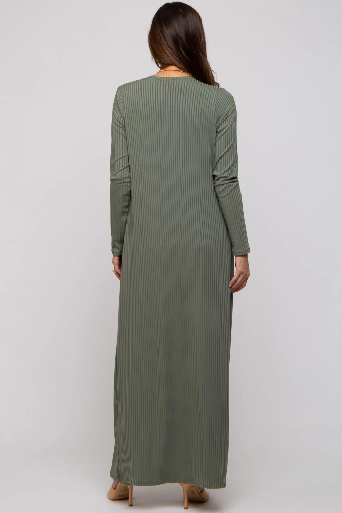 Olive Ribbed Sleeveless Dress Cardigan Maternity Set - Image 3
