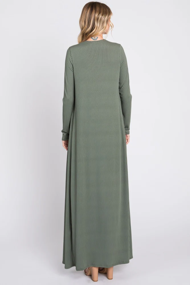 Olive Ribbed Sleeveless Dress Cardigan Set - Image 3