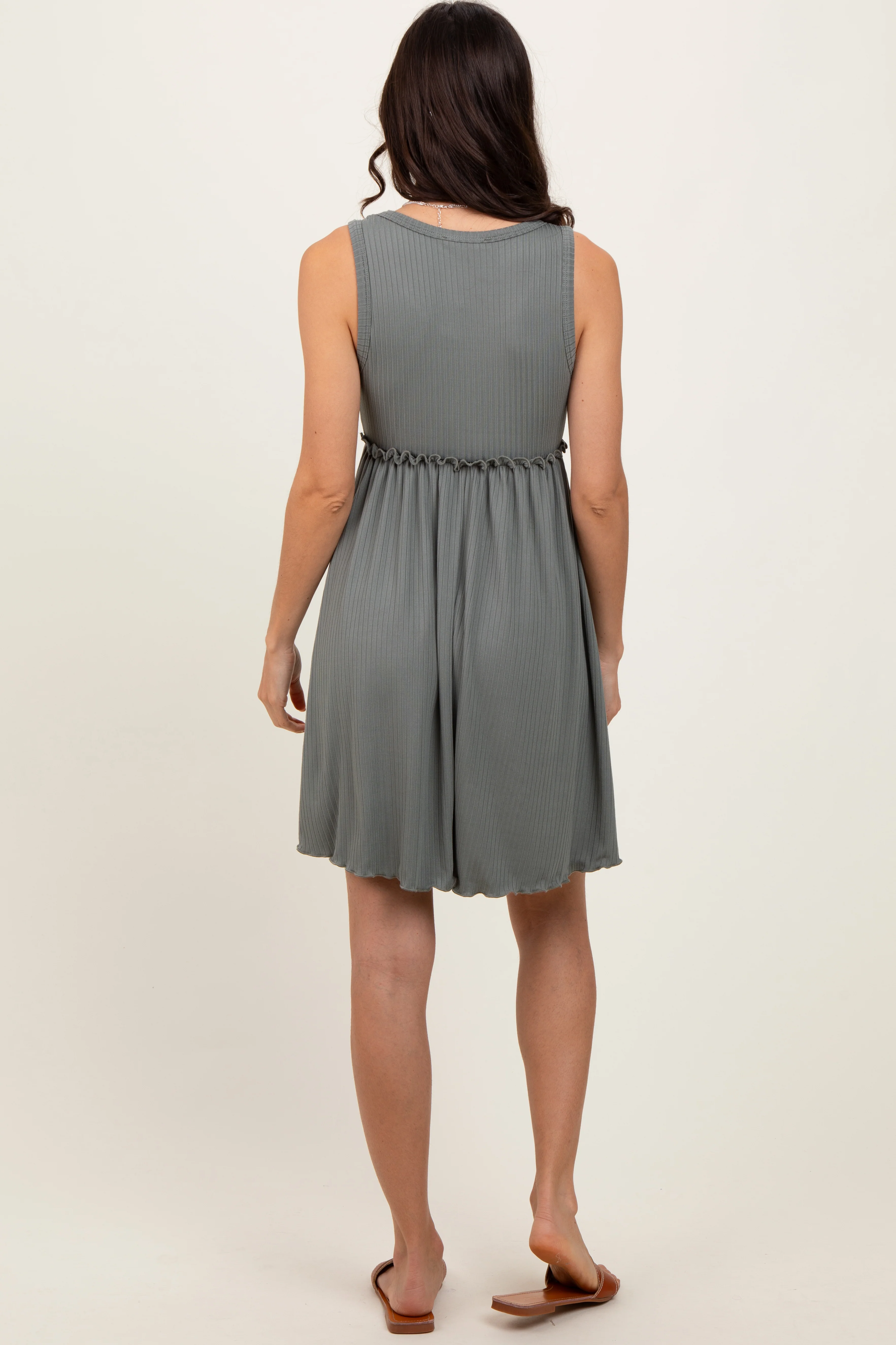 Olive Ribbed Sleeveless Lettuce Trim Mini Dress - Image 4