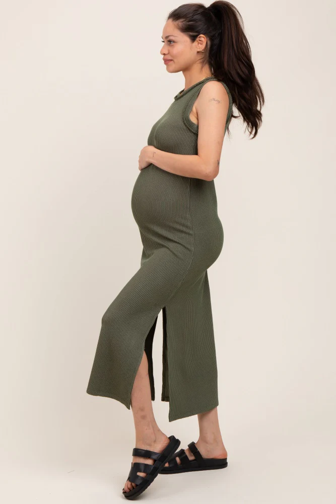 Olive Ribbed Sleeveless Side Slit Maternity Midi Dress - Image 3