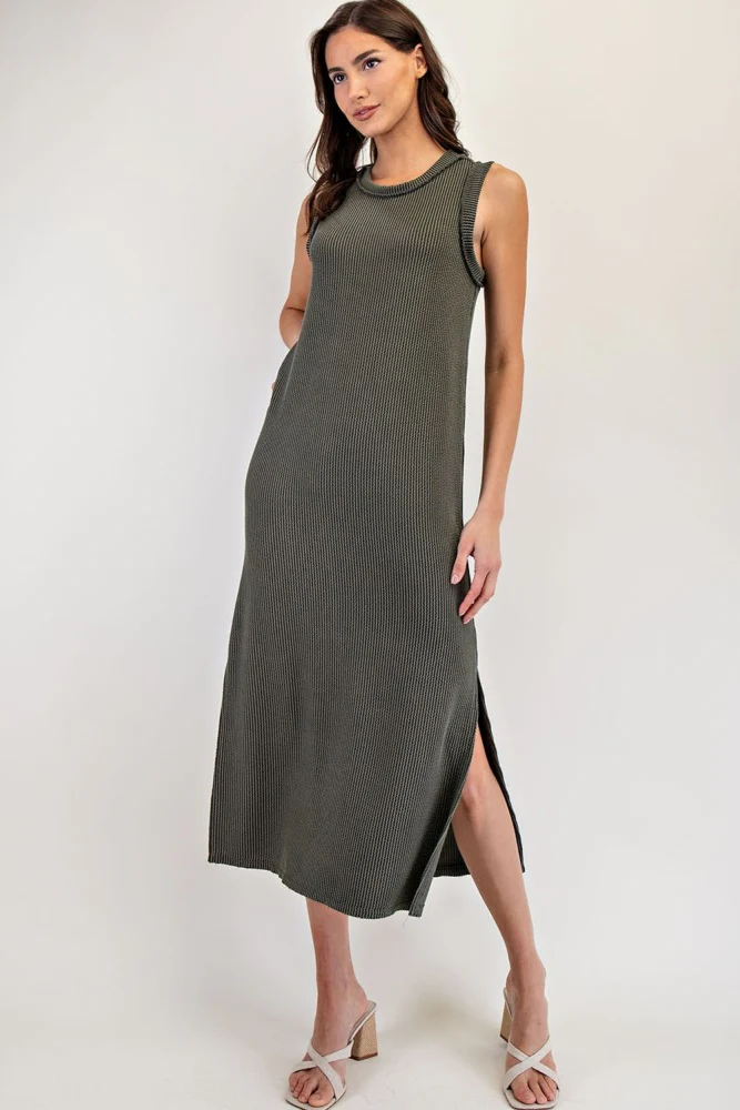 Olive Ribbed Sleeveless Side Slit Maternity Midi Dress - Image 5