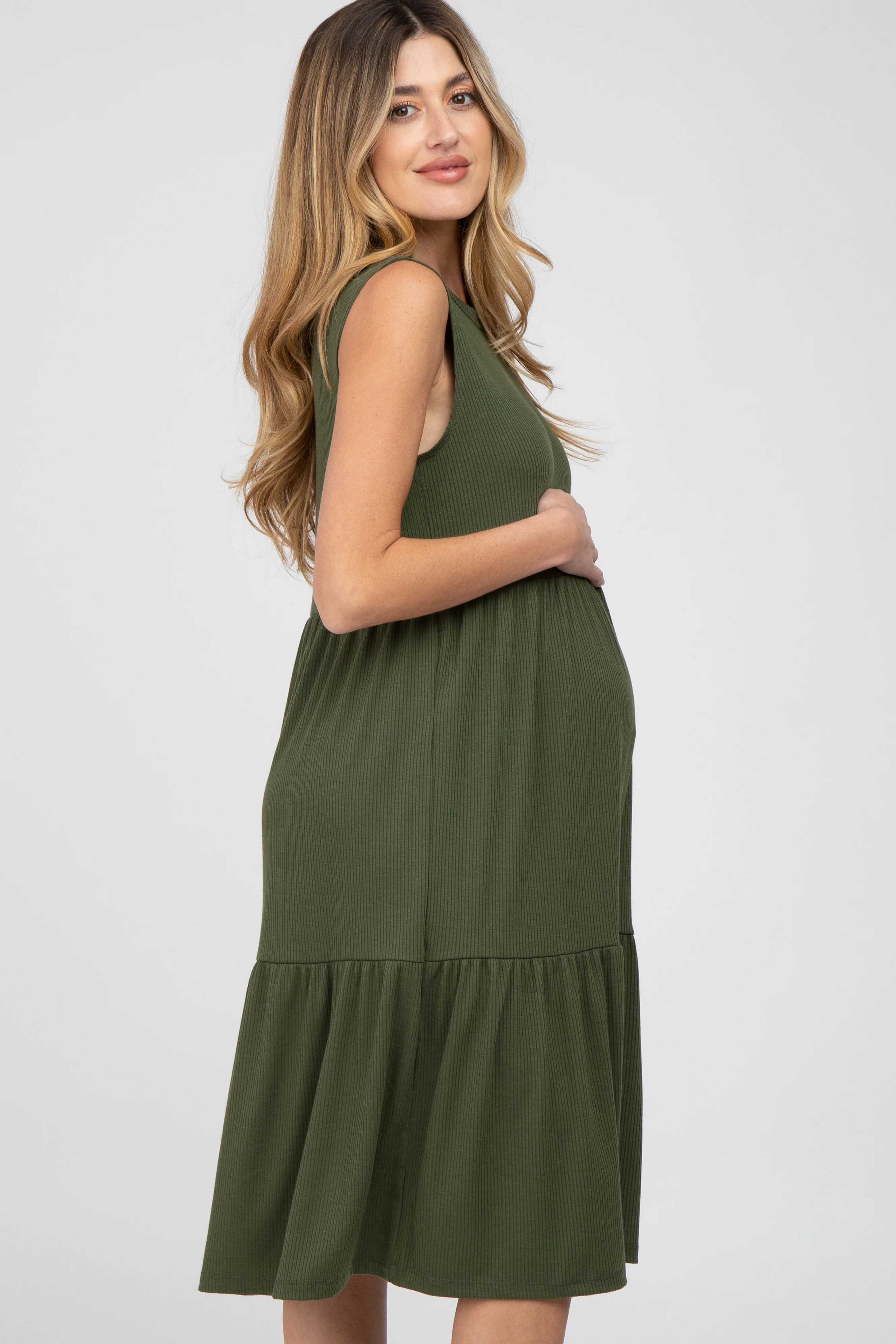 Olive Ribbed Tiered Maternity Midi Dress - Image 3