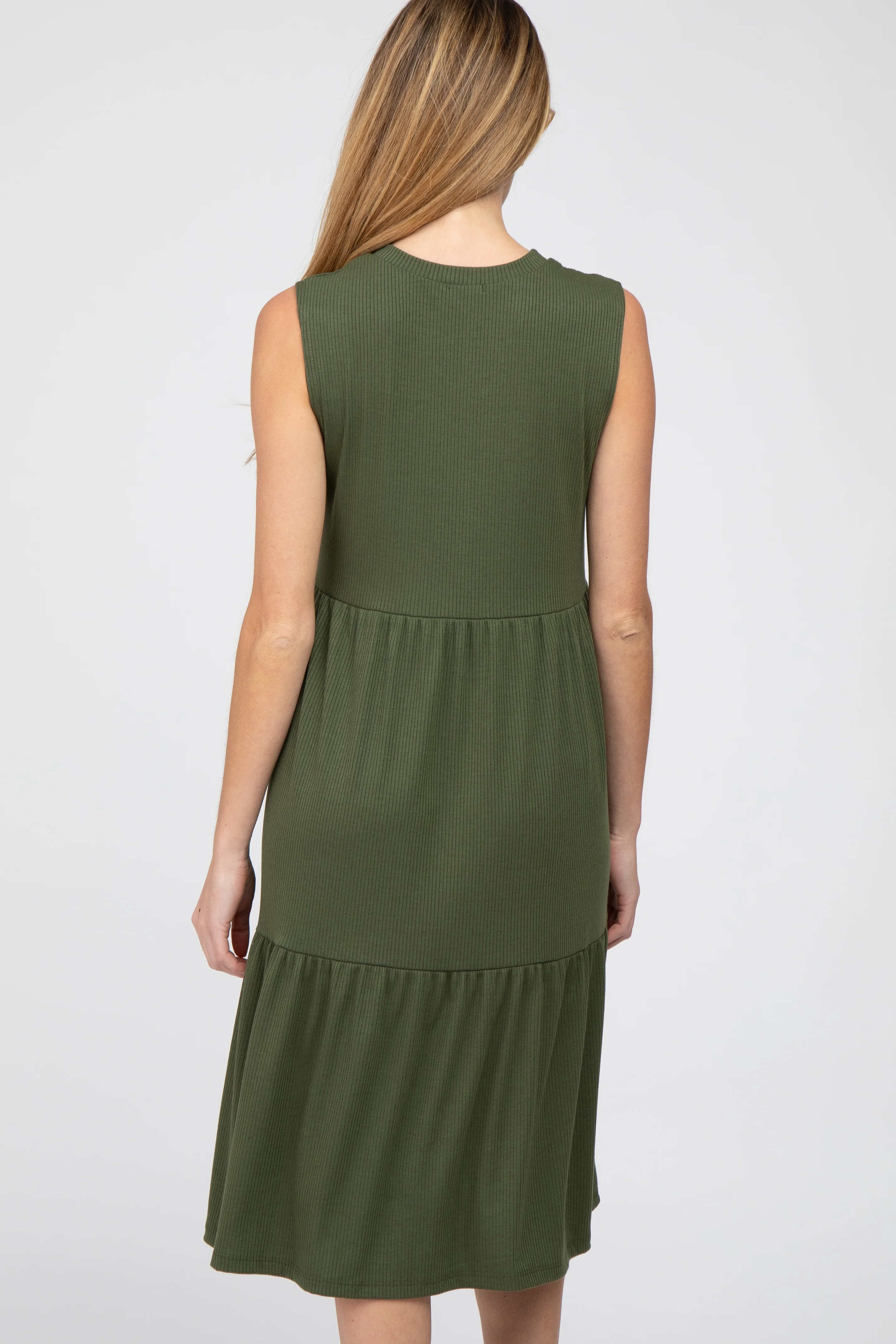 Olive Ribbed Tiered Maternity Midi Dress - Image 4