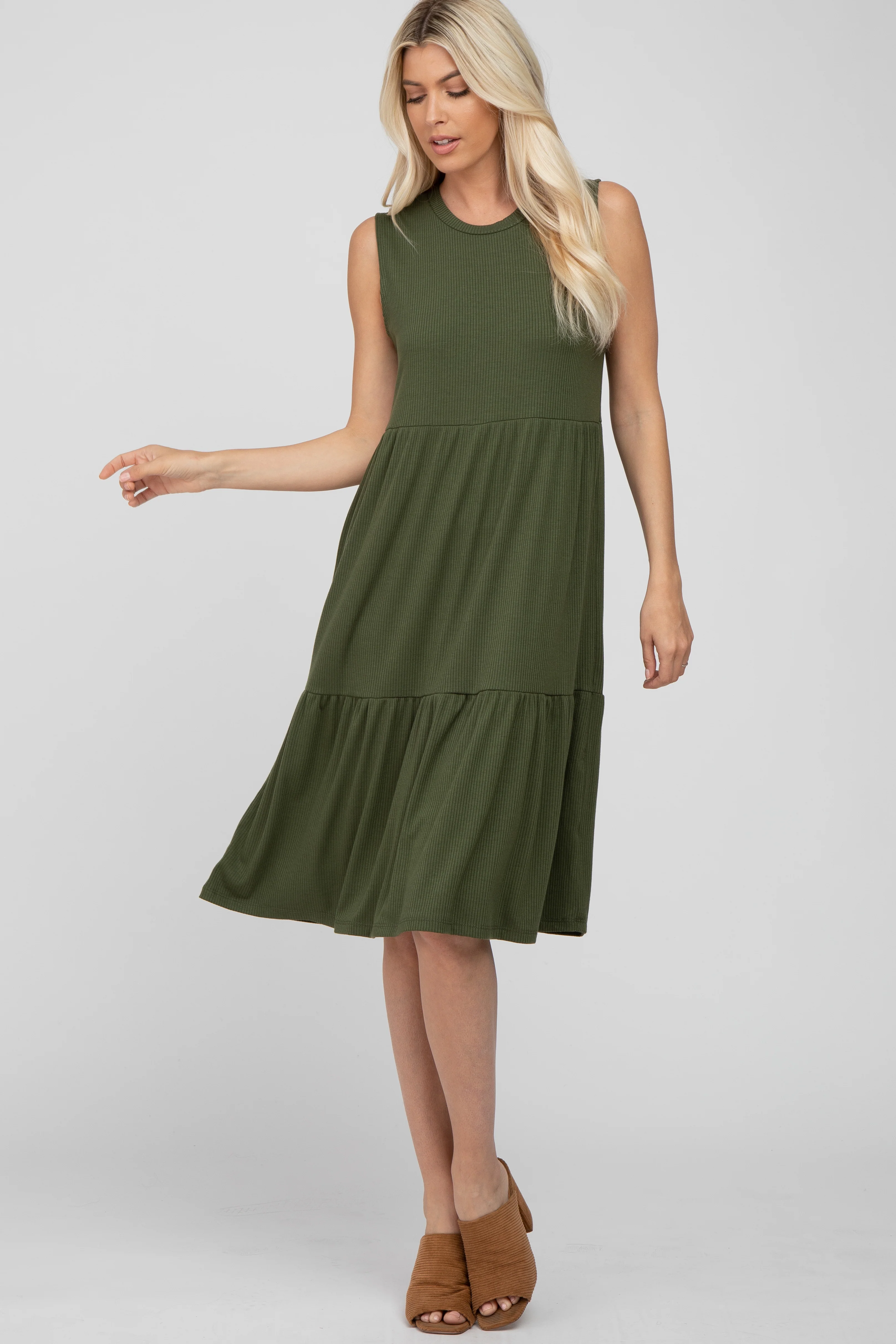 Olive Ribbed Tiered Maternity Midi Dress - Image 5