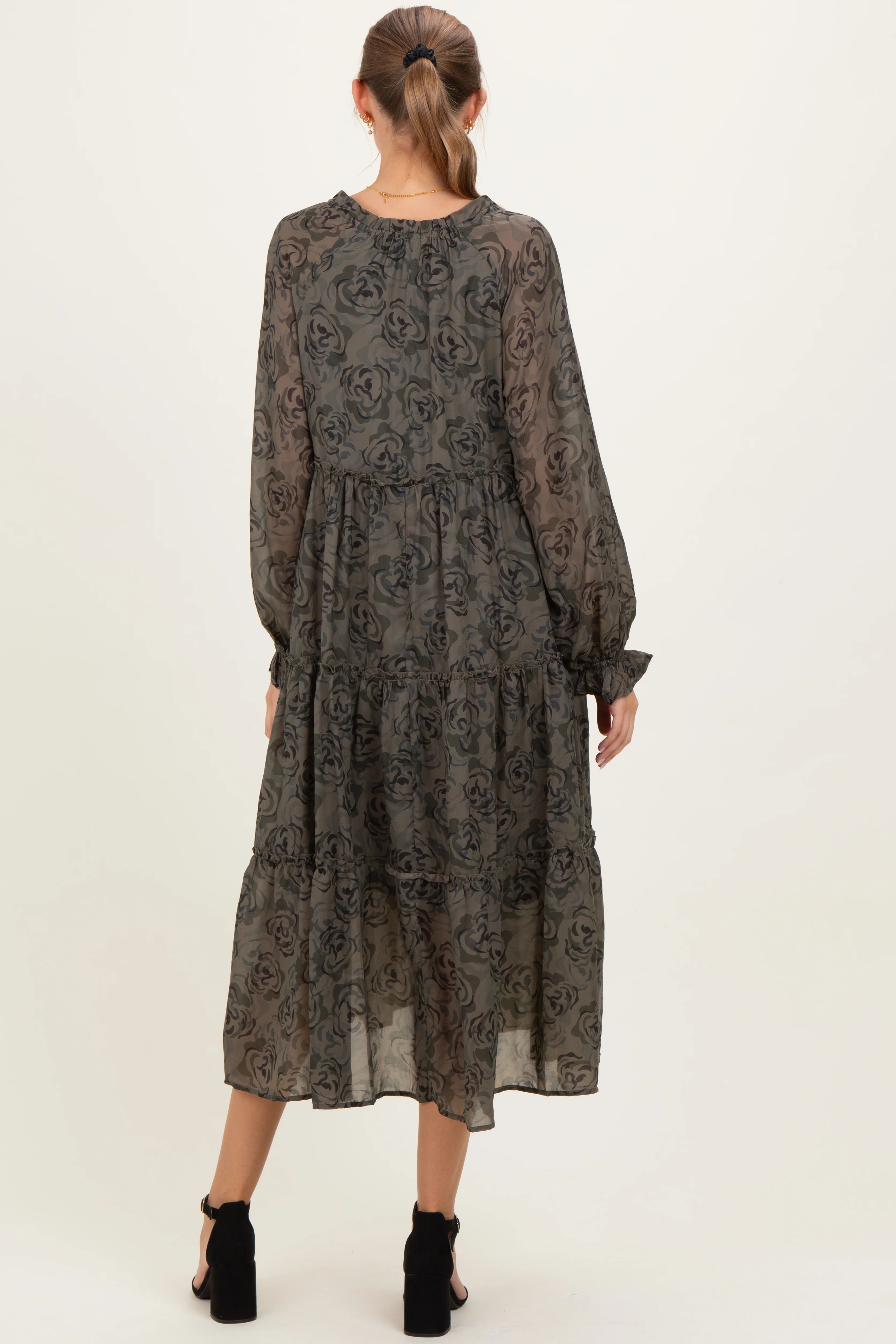 Olive Rose Floral Tiered Ruffle Maternity Midi Dress - Image 5