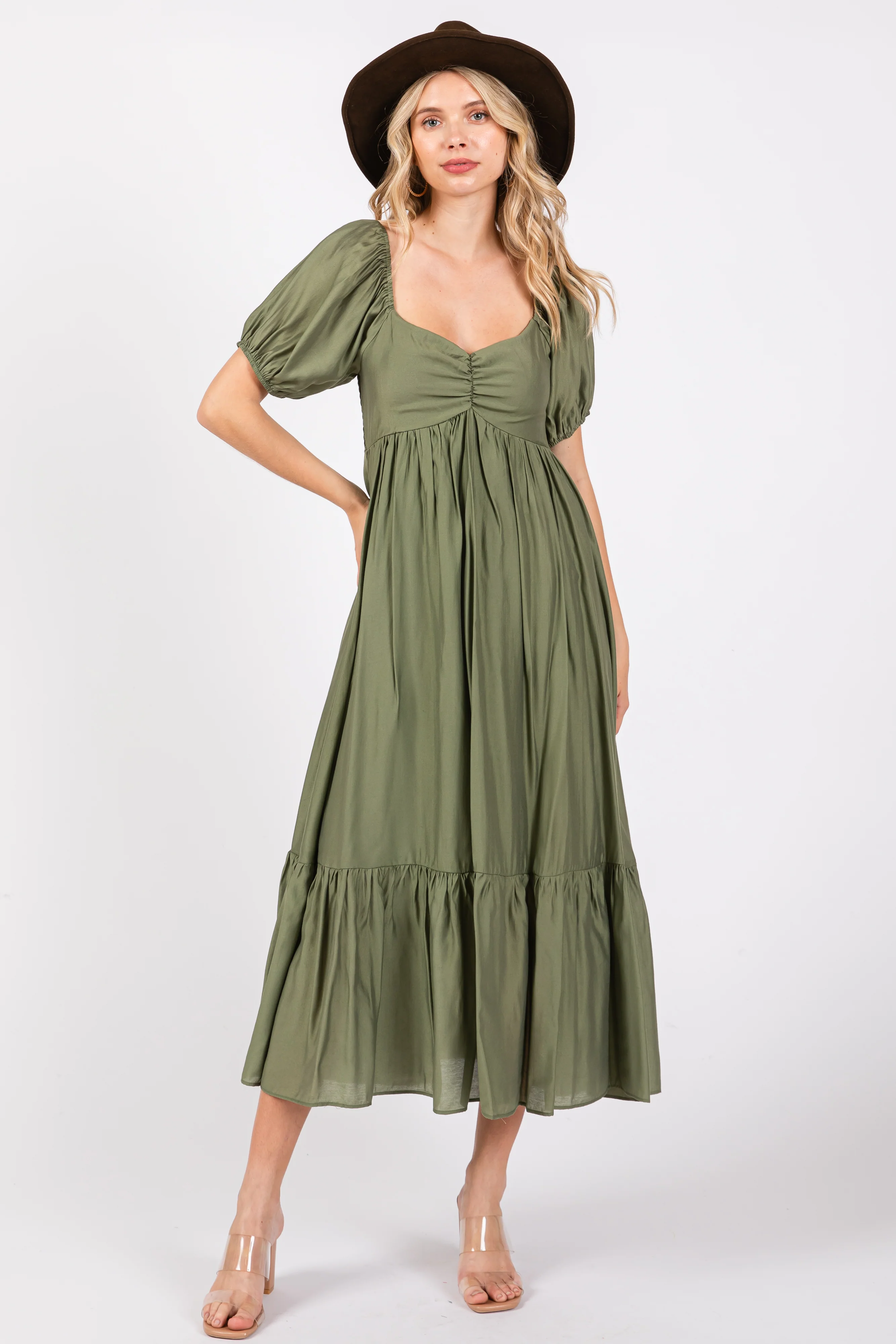 Olive Ruched Sweetheart Neck Tiered Midi Dress - Image 4