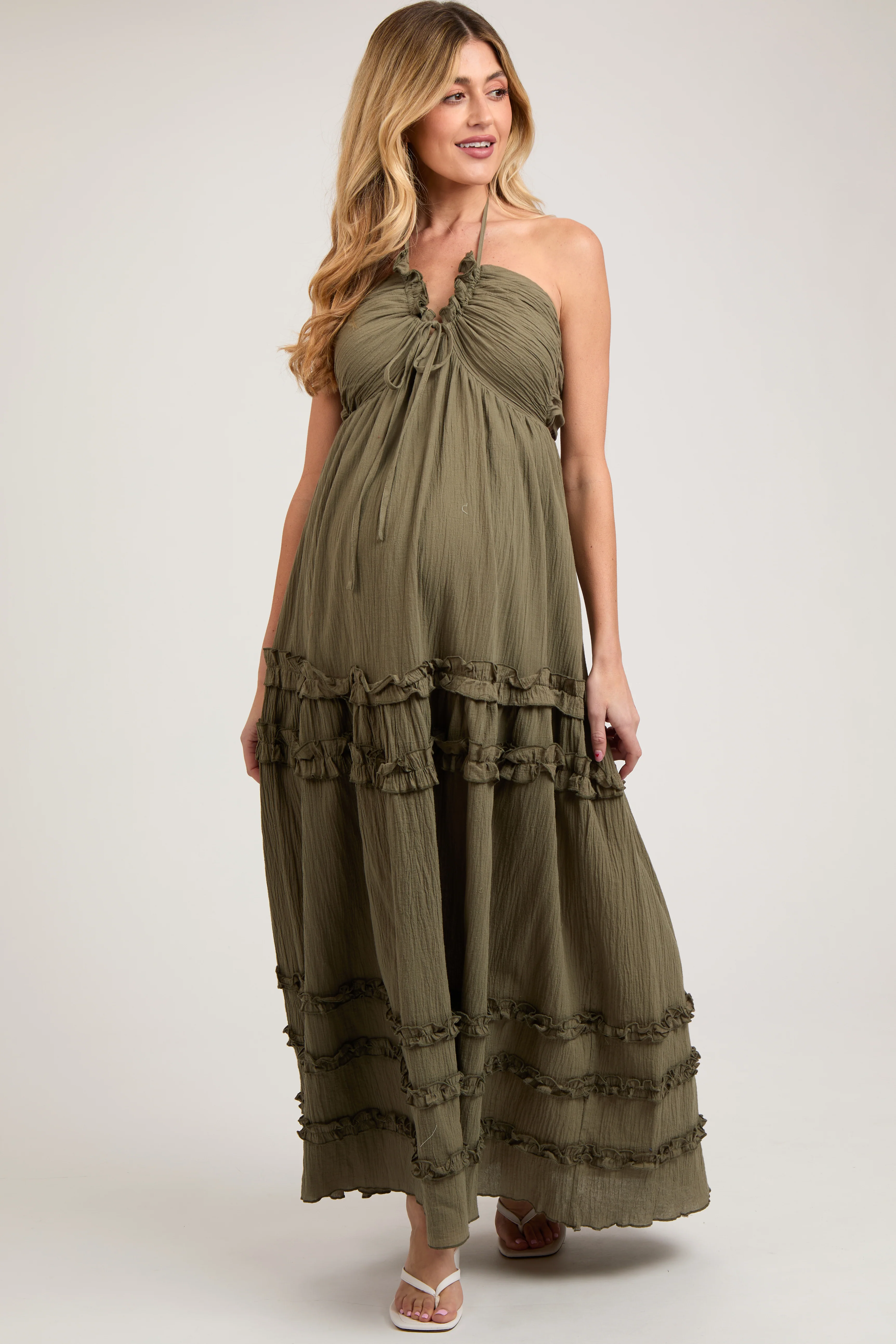 Olive Ruffle Ruched Deep V-Neck Maternity Maxi Dress - Image 2