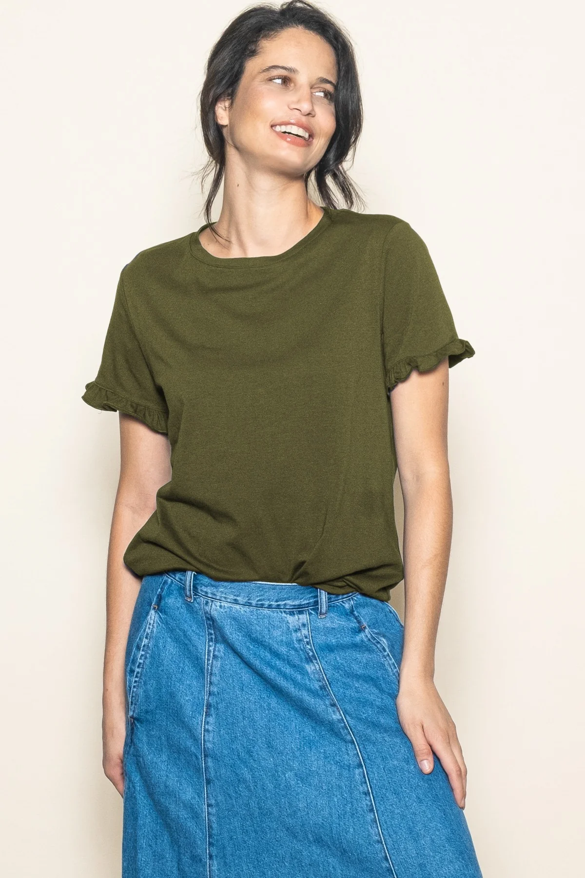 Olive Ruffle Trim Short Sleeve Maternity T-Shirt - Image 5