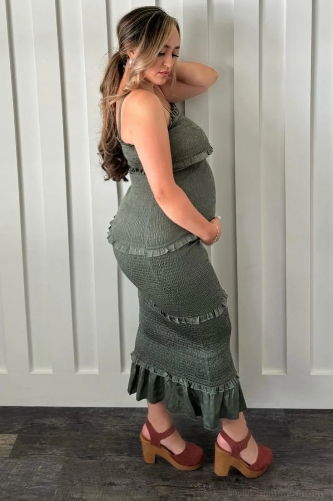 Olive Satin Smocked Fitted Maternity Midi Dress - Image 4