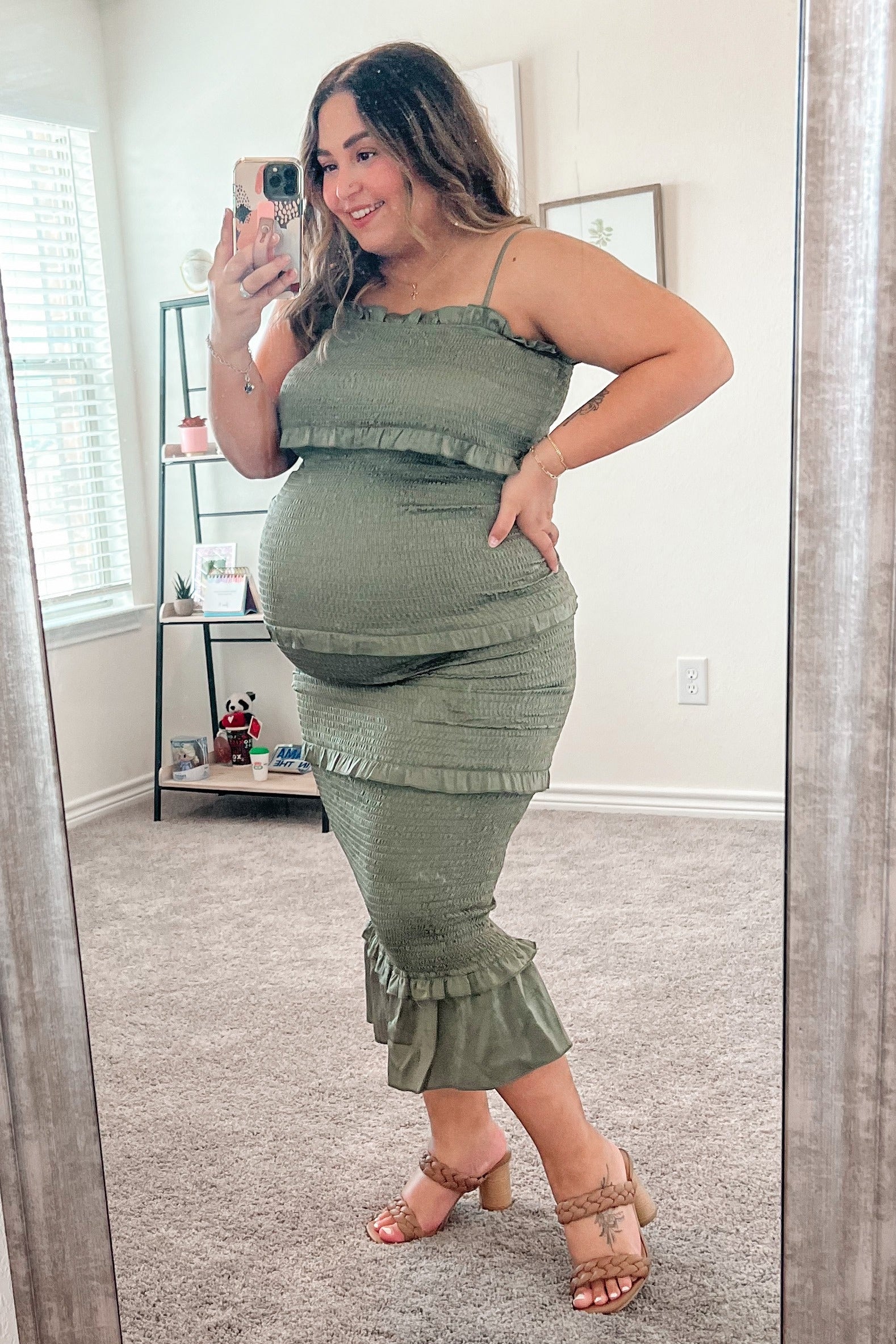 Olive Satin Smocked Fitted Maternity Midi Dress - Image 5