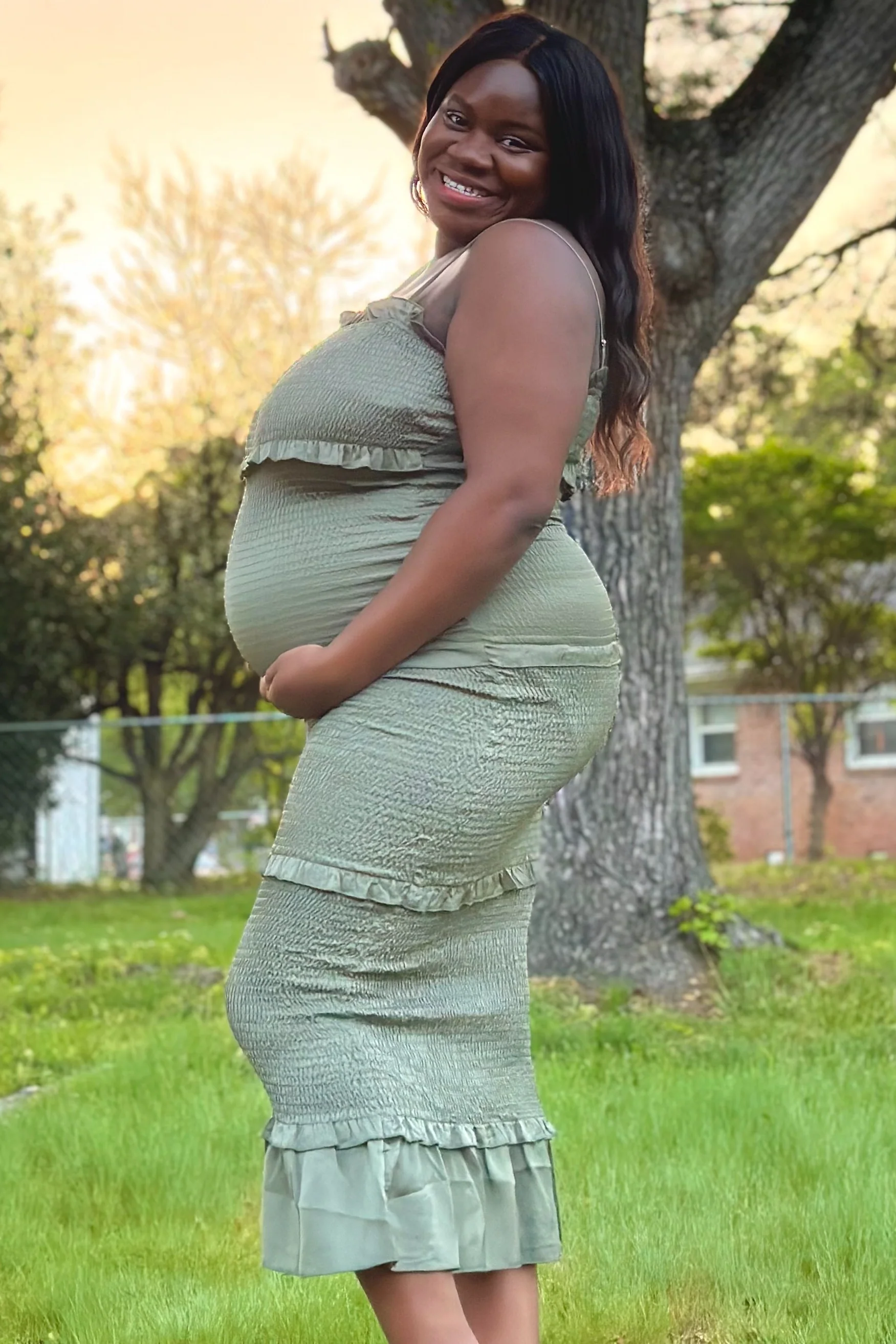 Olive Satin Smocked Fitted Maternity Midi Dress - Image 7