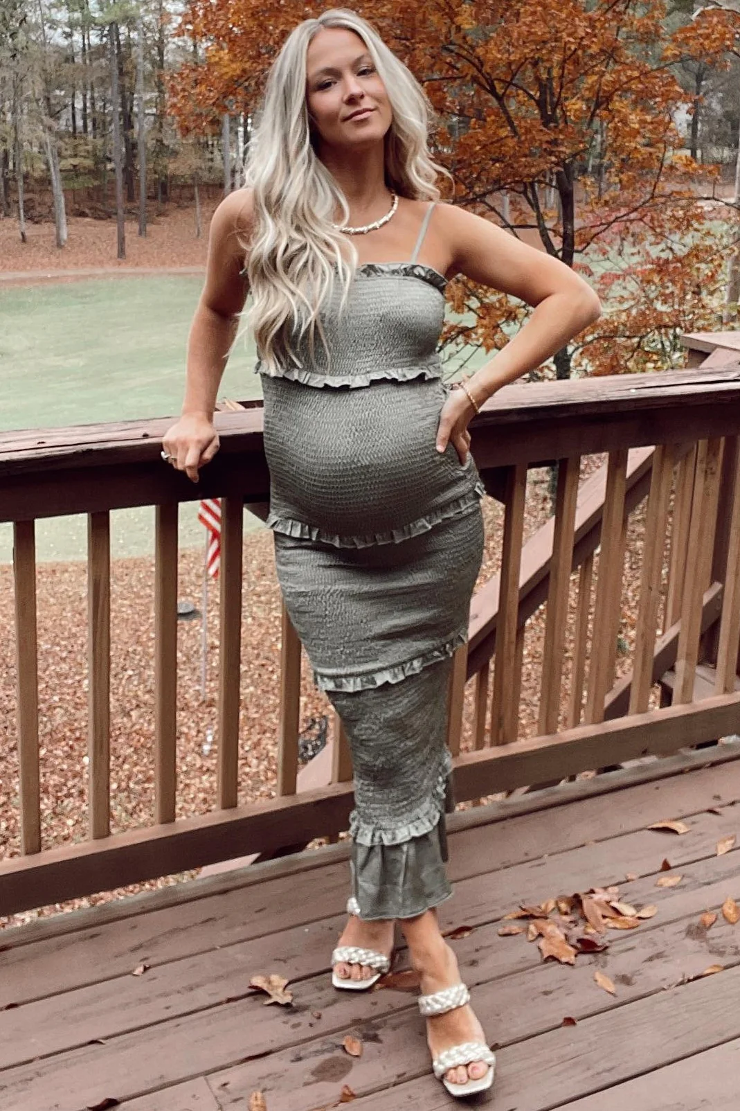 Olive Satin Smocked Fitted Maternity Midi Dress - Image 9