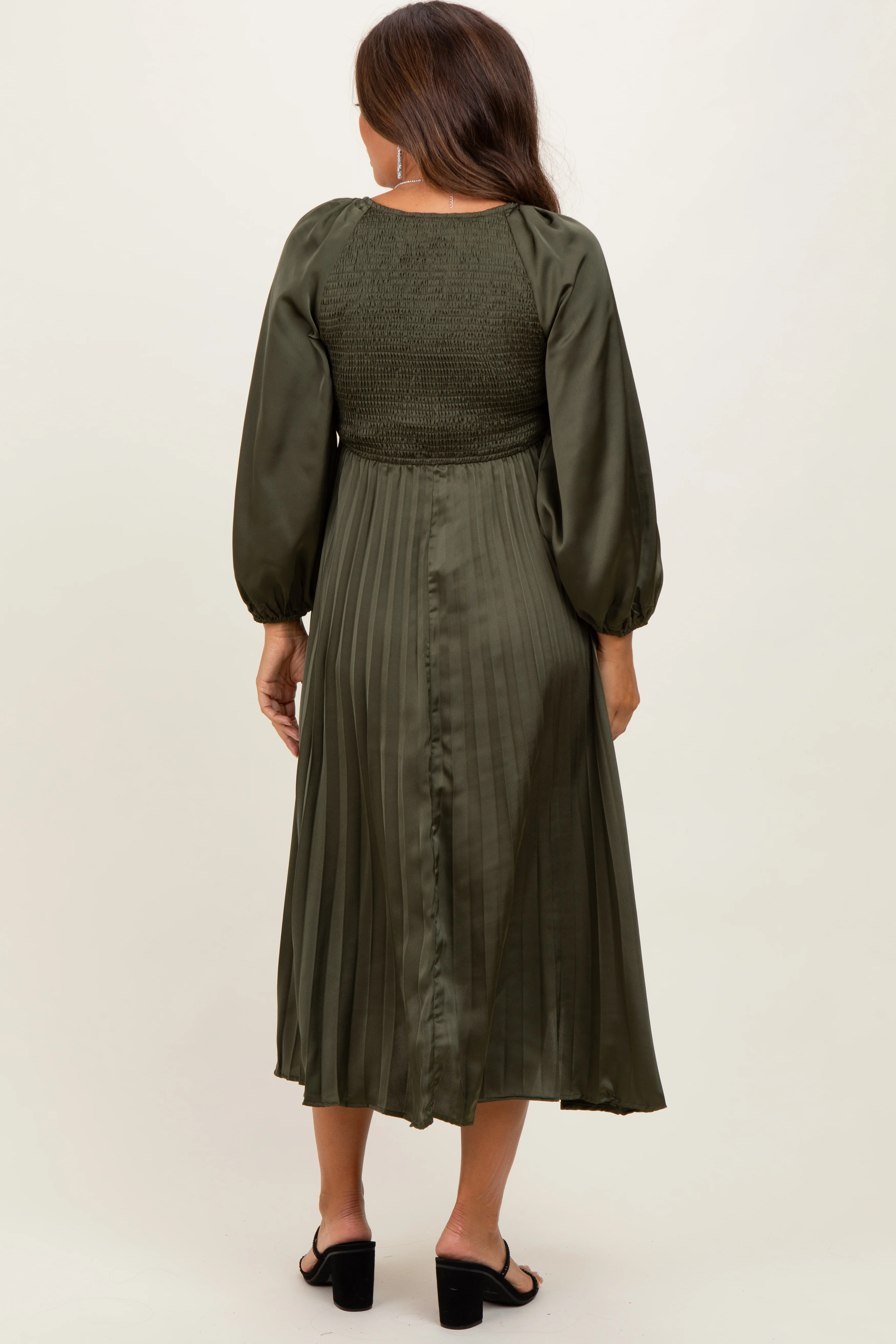 Olive Satin Smocked Pleated Maternity Midi Dress - Image 3
